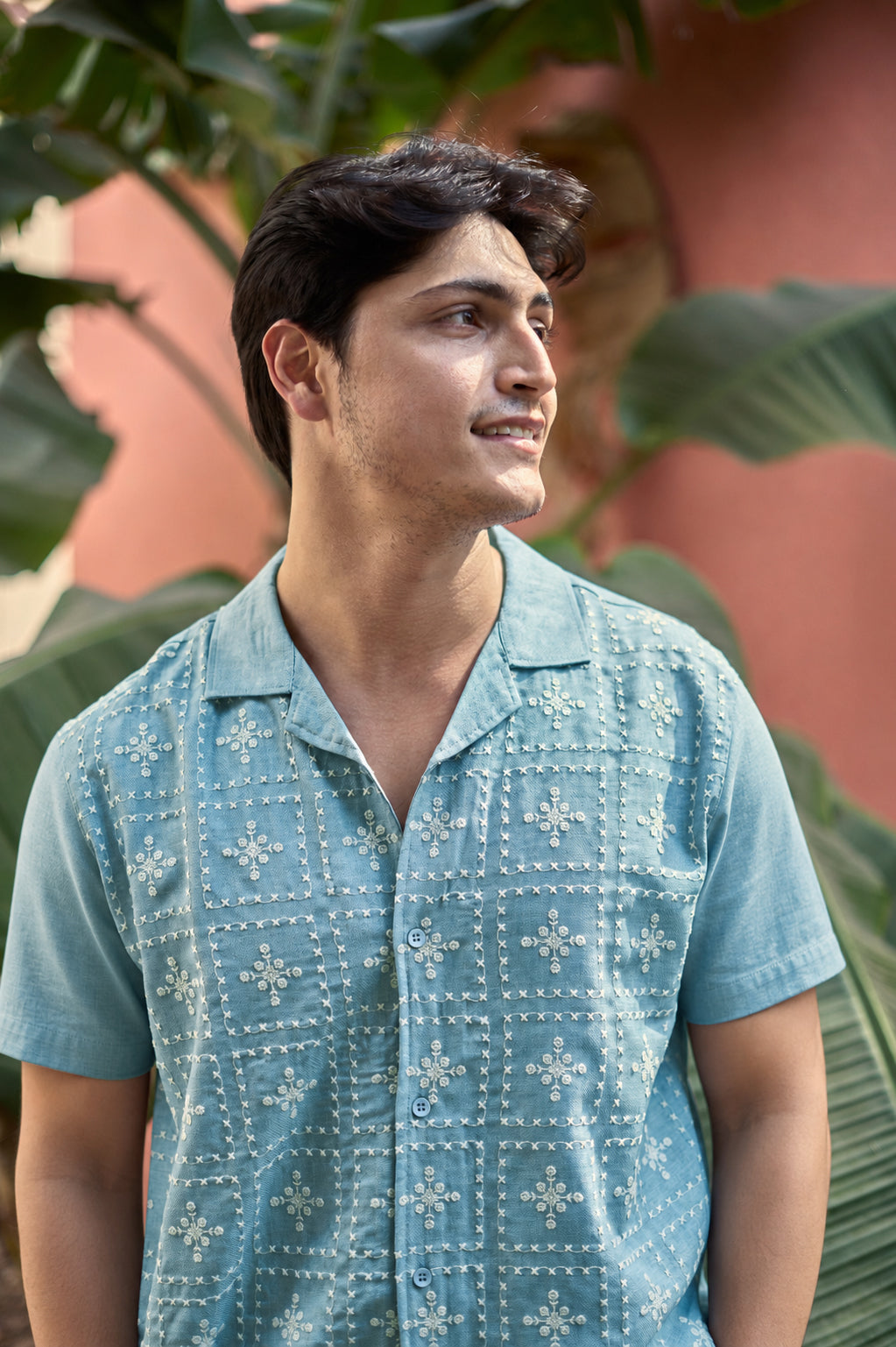 River Blue All Over Cotton Box Fit Blue Half Sleev Embroidered Shirt