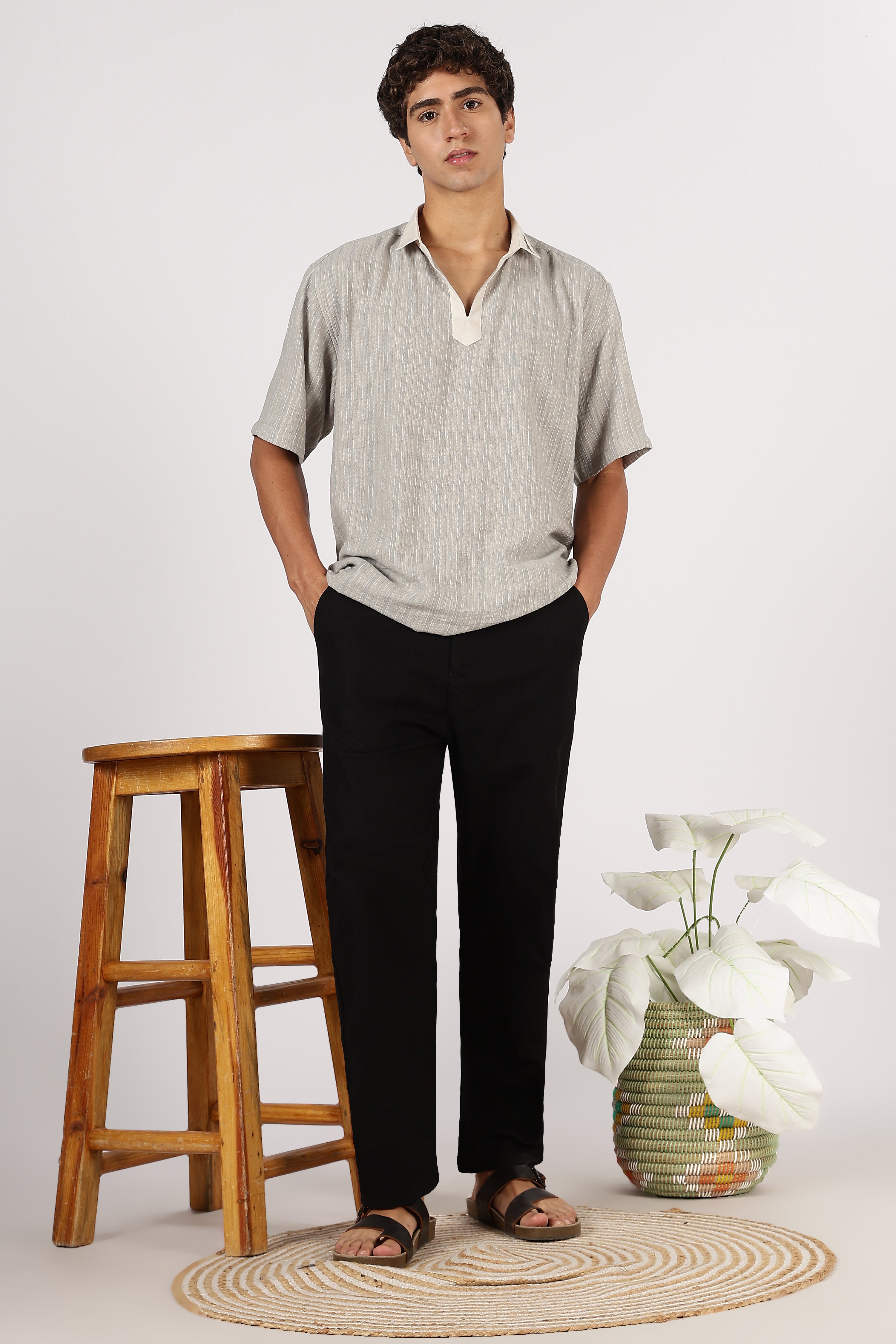 Linen-style 100% Cotton Relaxed Fit Black Pant