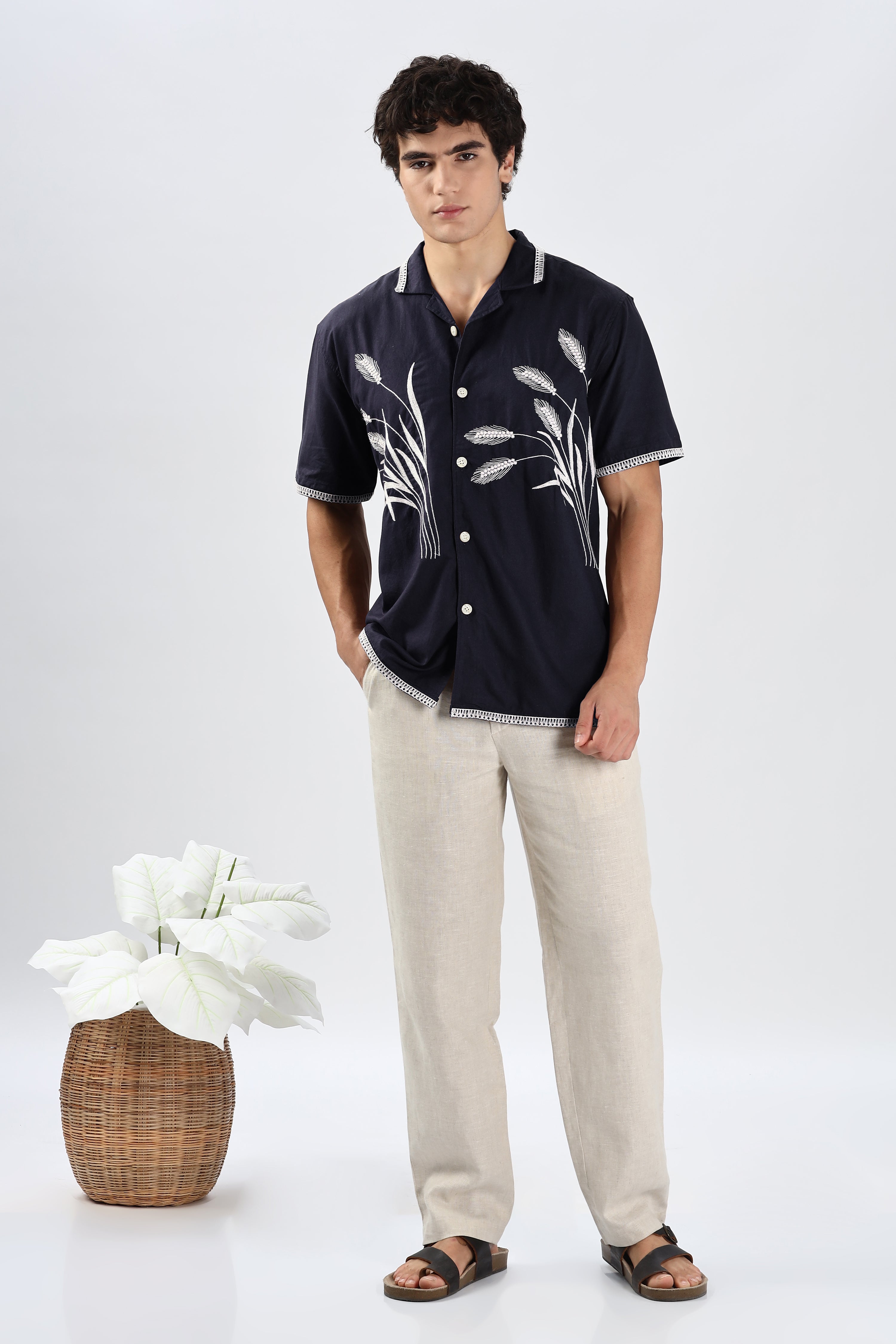 Houston Barley Navy Blue Embroidery Box Fit Shirt