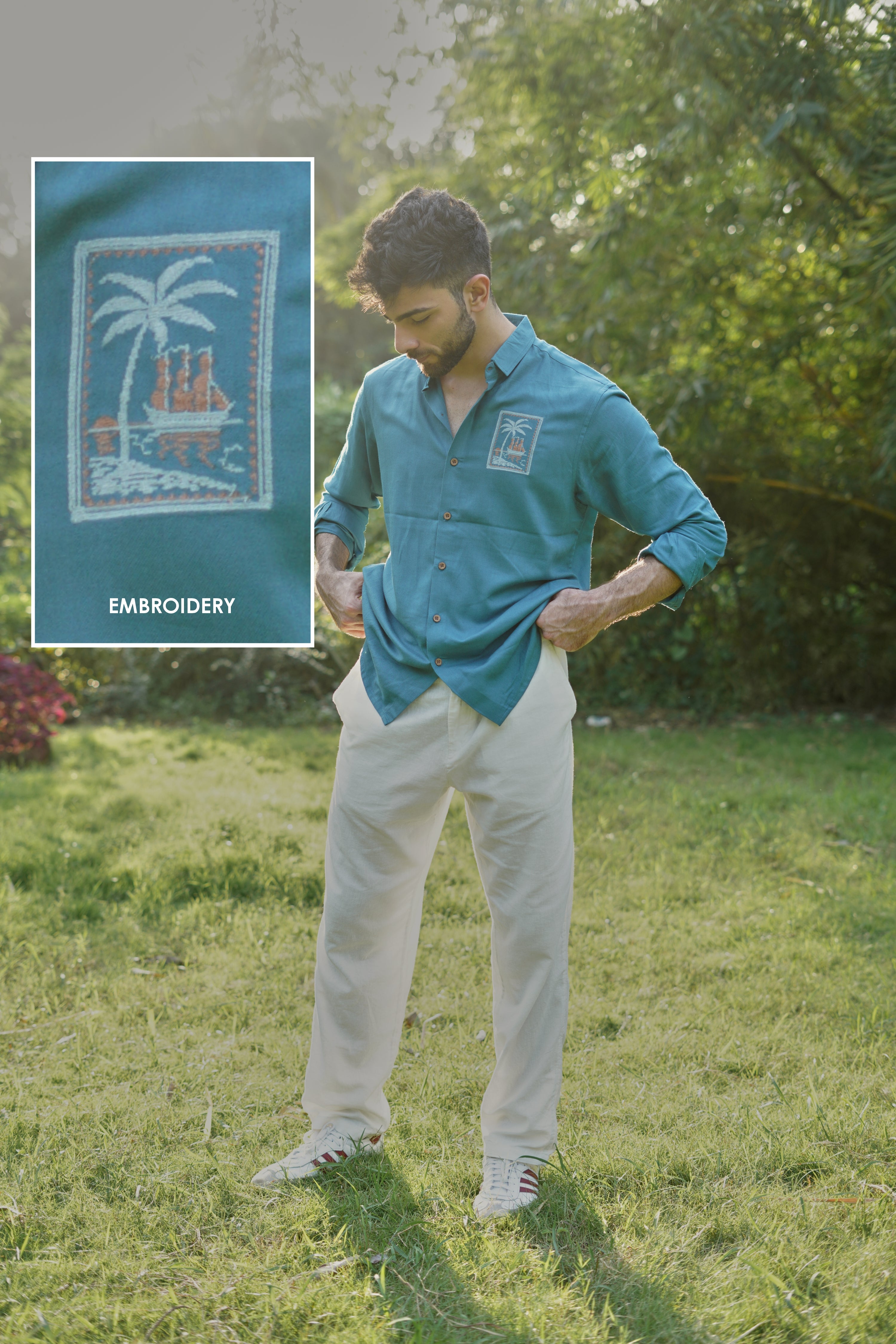Teal Coastal Emblem Embroidered Cotton Shirt