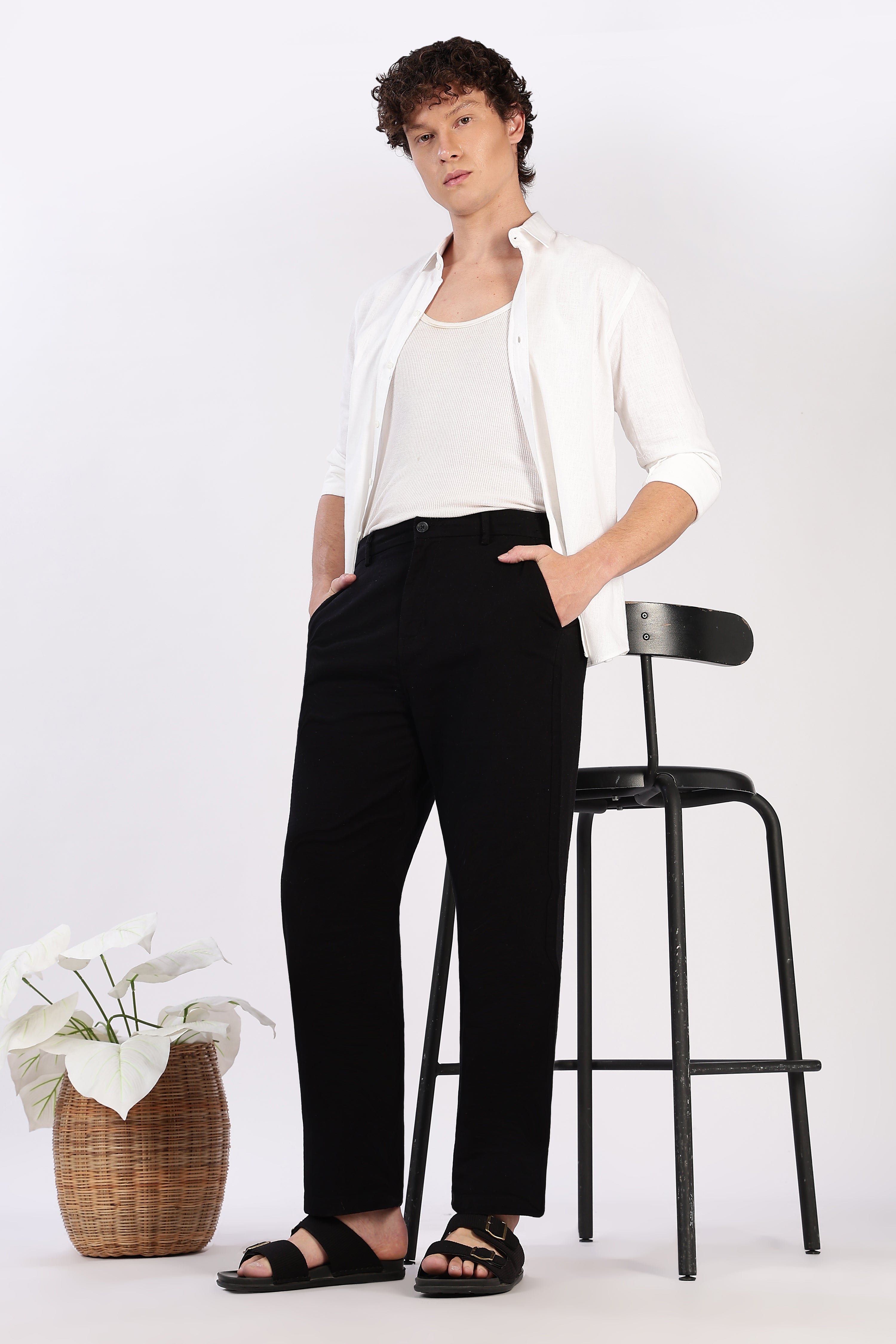 Linen-style 100% Cotton Straight Fit Jet Black Pant