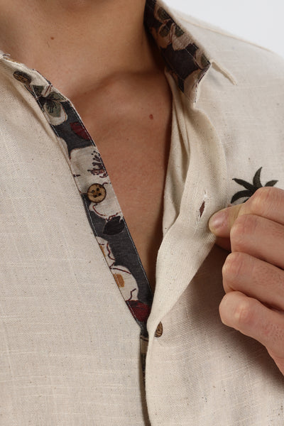 Caribbean Palm Tree Cotton Regular Fit Beige Embroidery Shirt