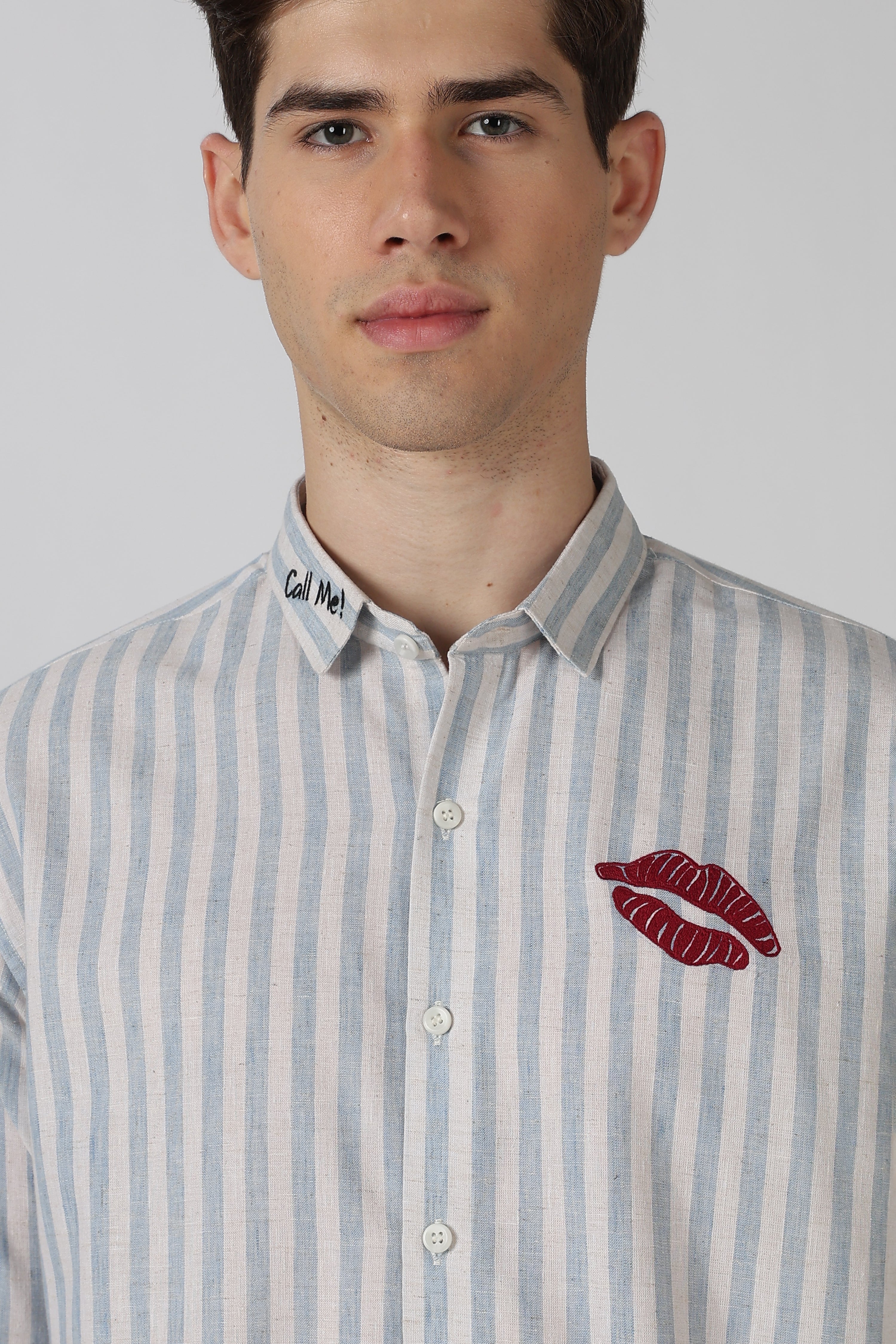 First Kiss Cotton Regular Fit Blue Embroidered Shirt
