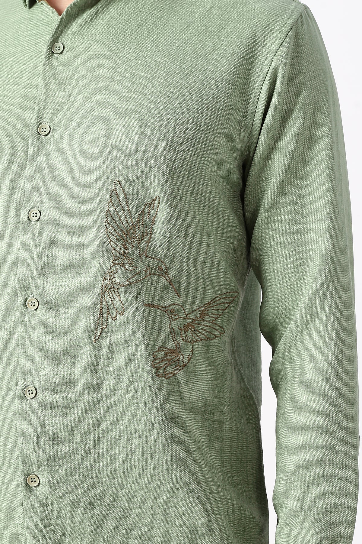 Humming(way) Birds Vienna Cotton Regular Fit Green Embroidery Shirt