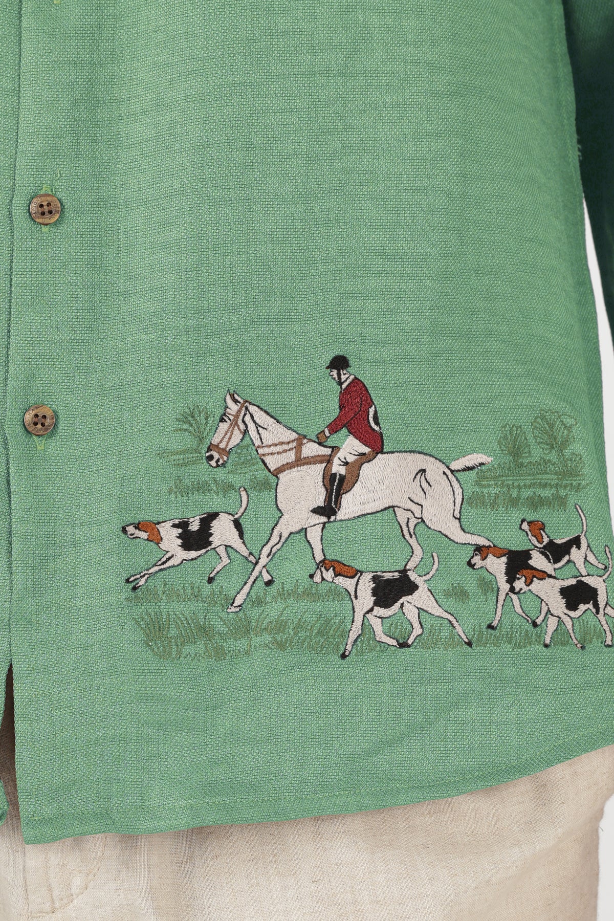 Saddle Equestrian Cotton Regular Fit Green Embroidered Shirt
