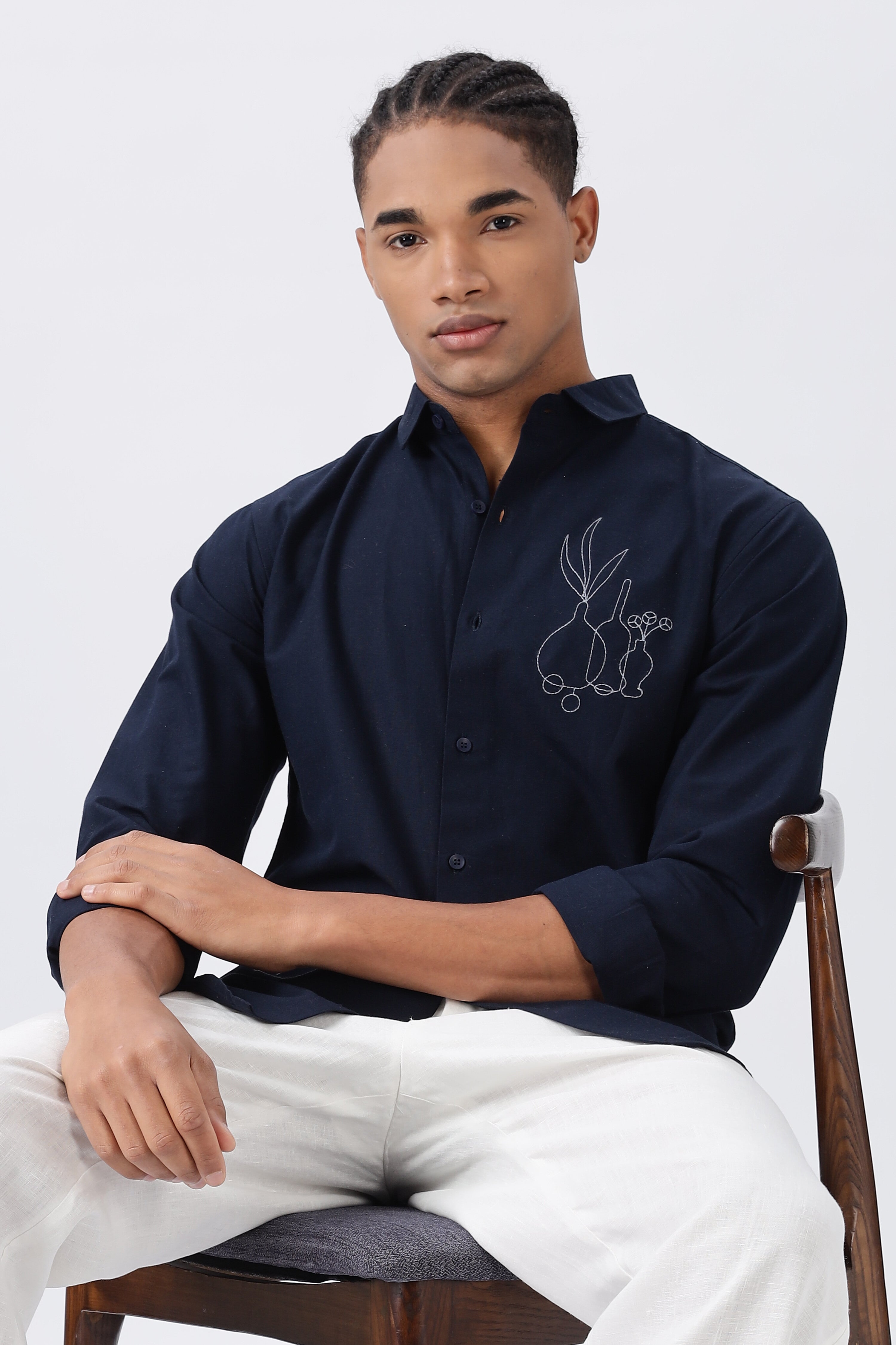 Blue Tuscany Barn Pottery Embroidery Shirt