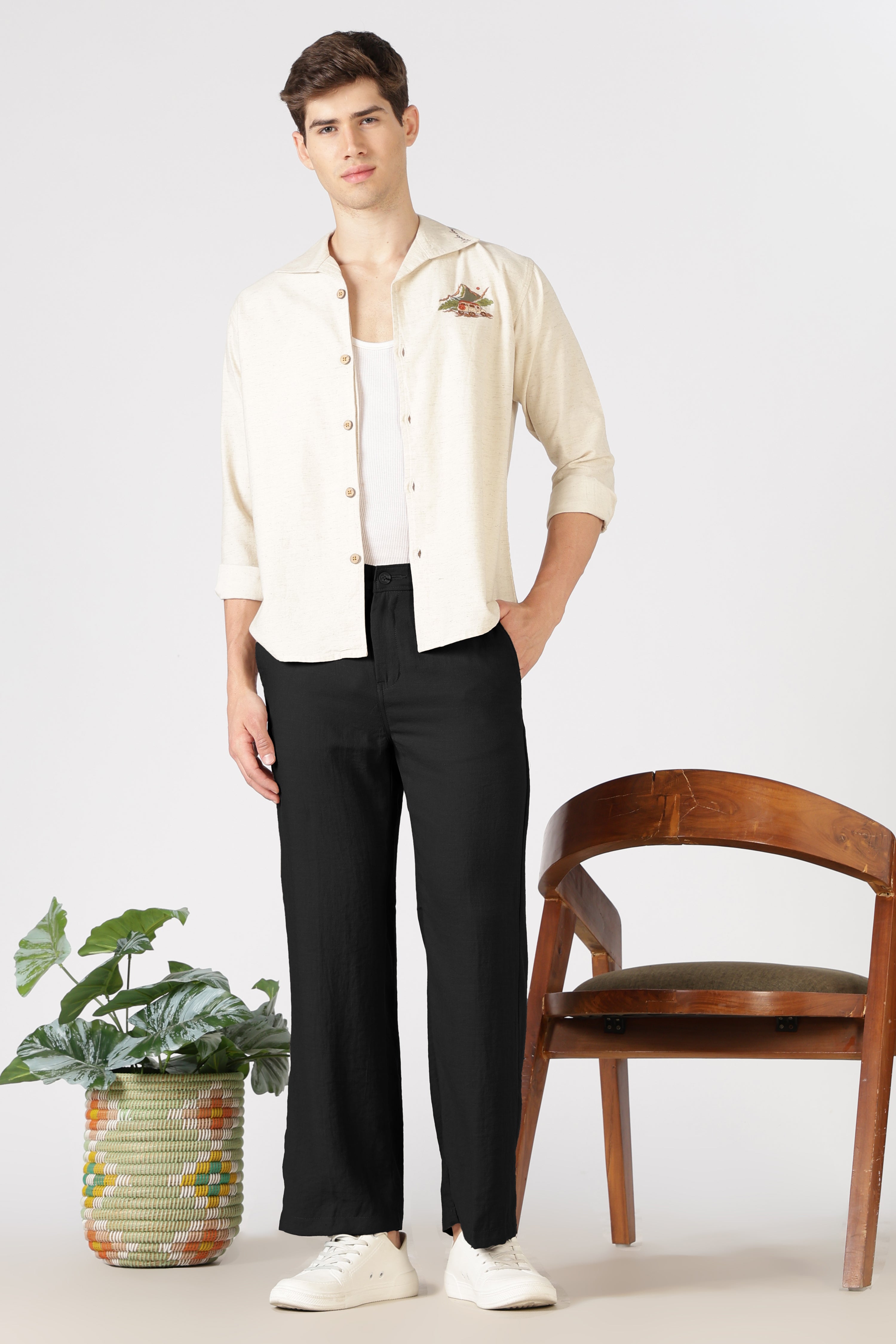 Free Flow Cotton:Linen Parallel Fit Black Pants
