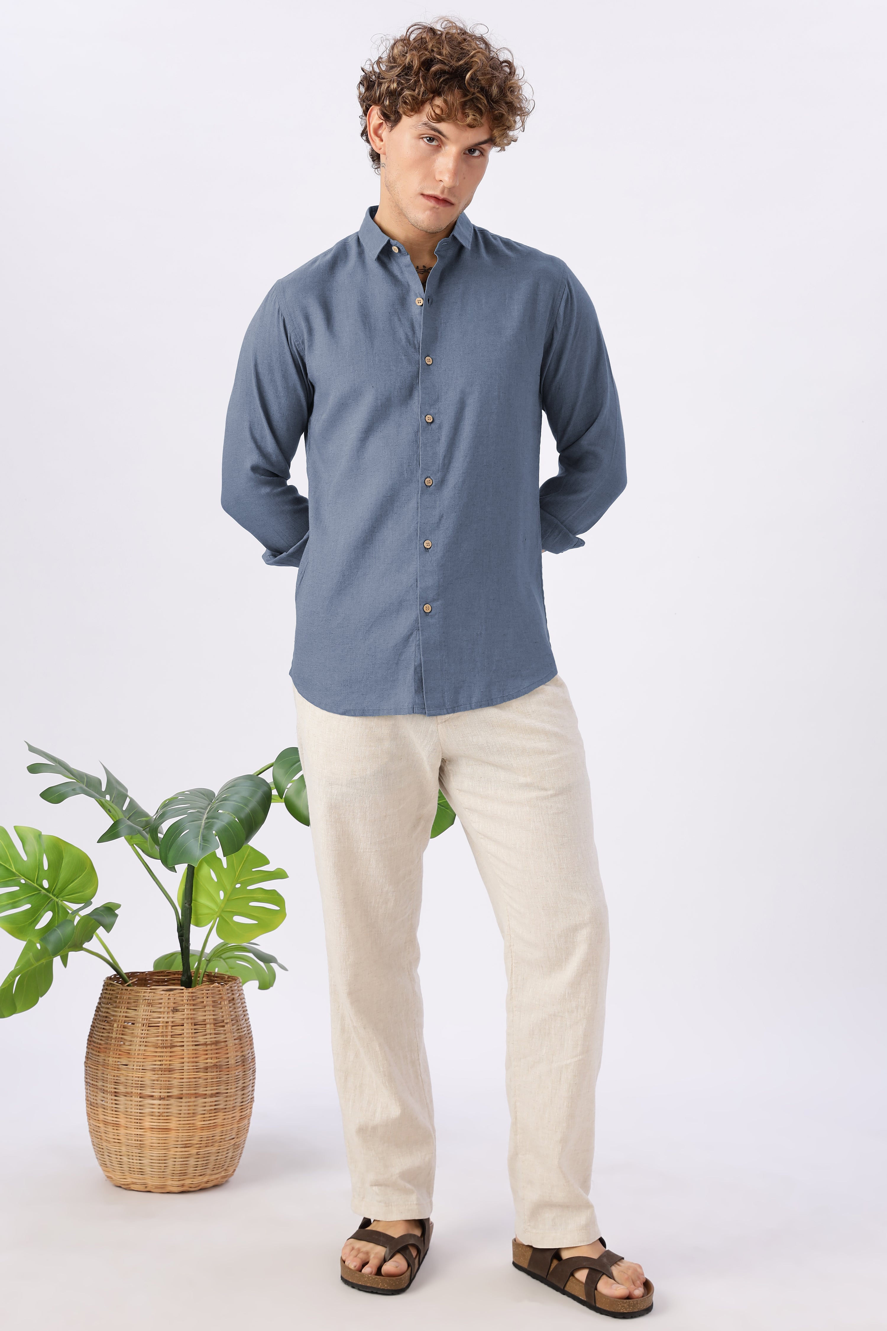 Classic Slate Linen Blend No Logo Regular Fit Denim Blue Shirt