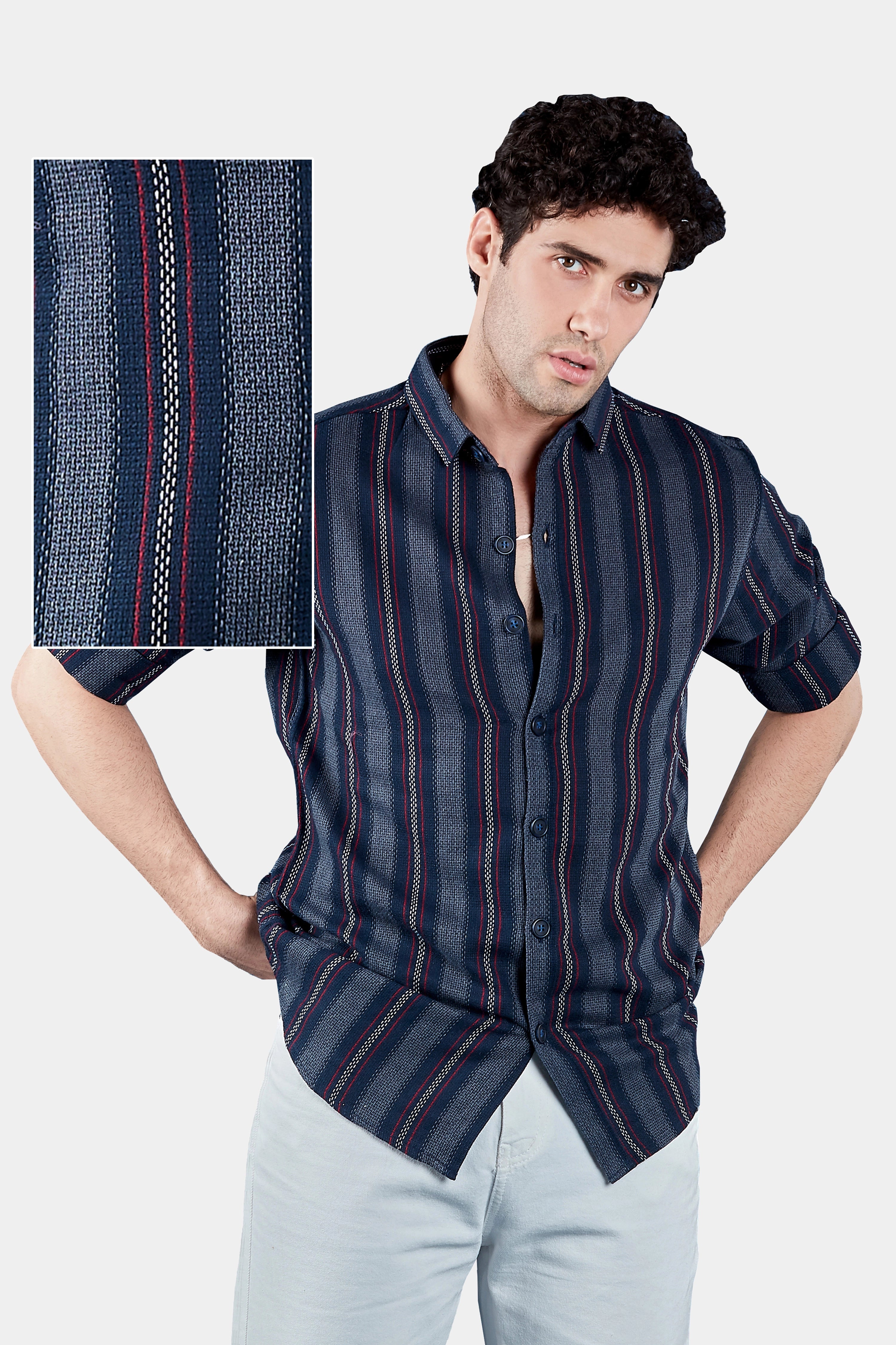 Marine Blue Casual Stripes Shirt