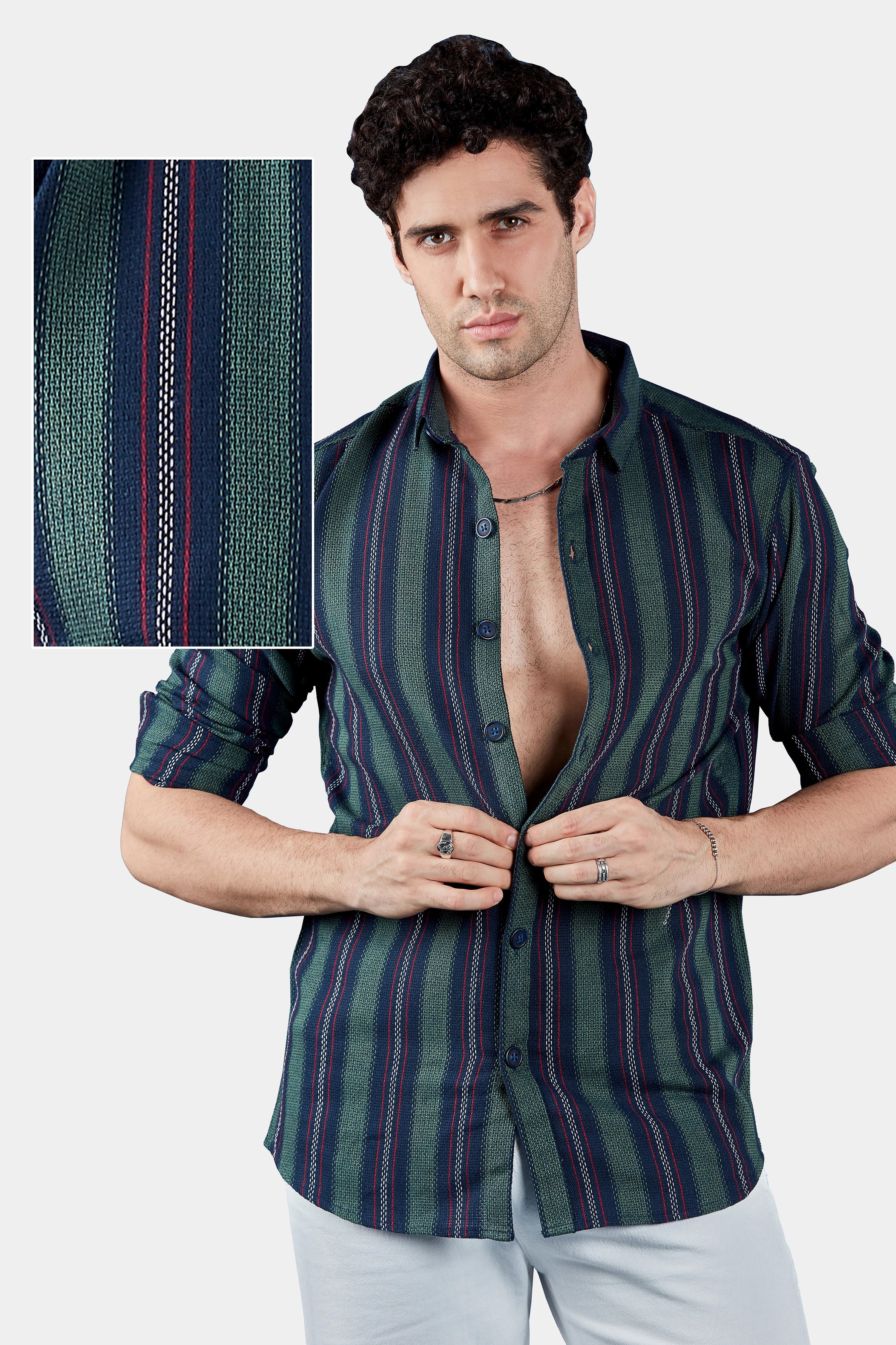 Moss Green Casual Stripes Shirt