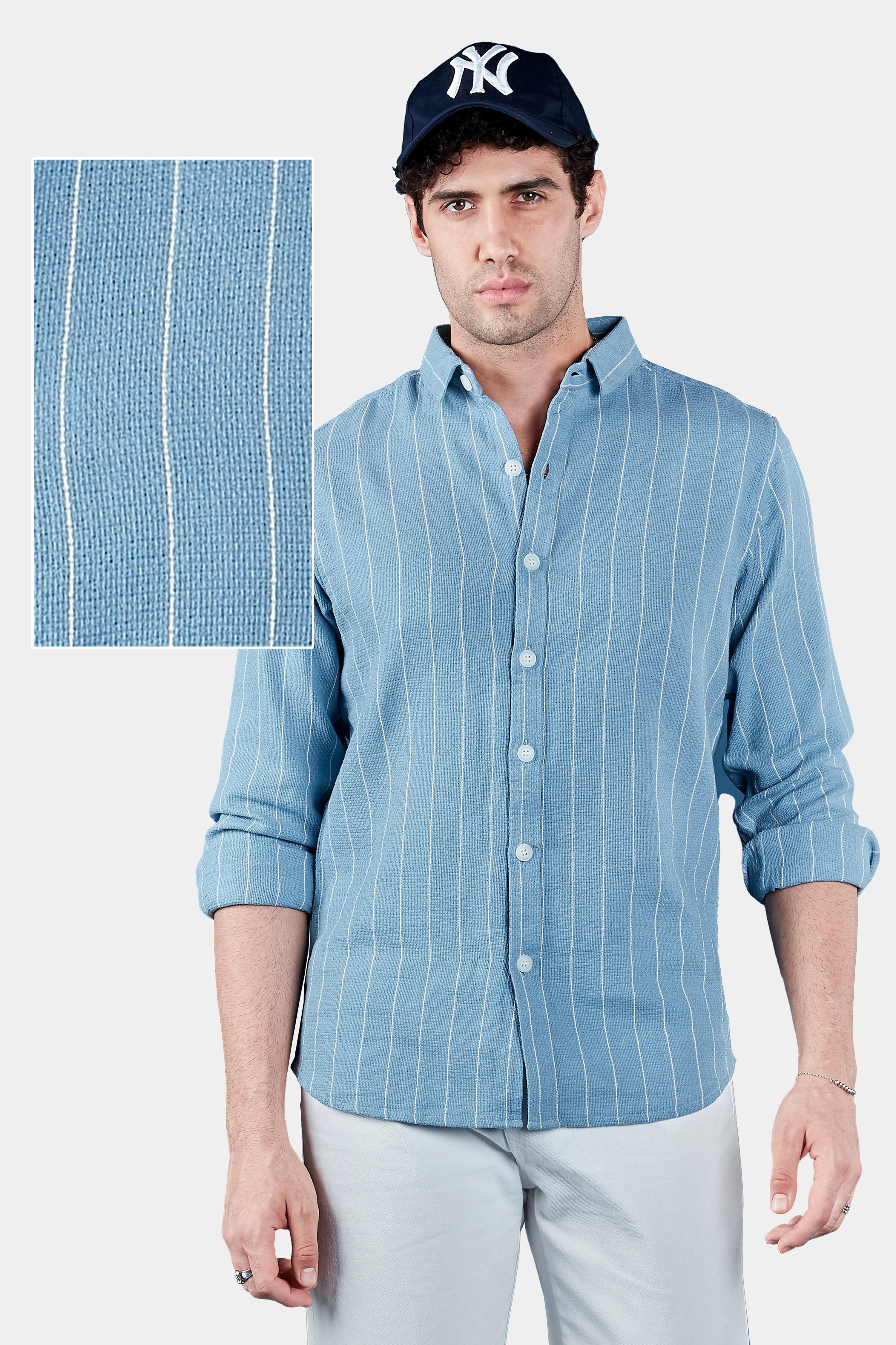 Cerulean Blue Casual Stripes Shirt