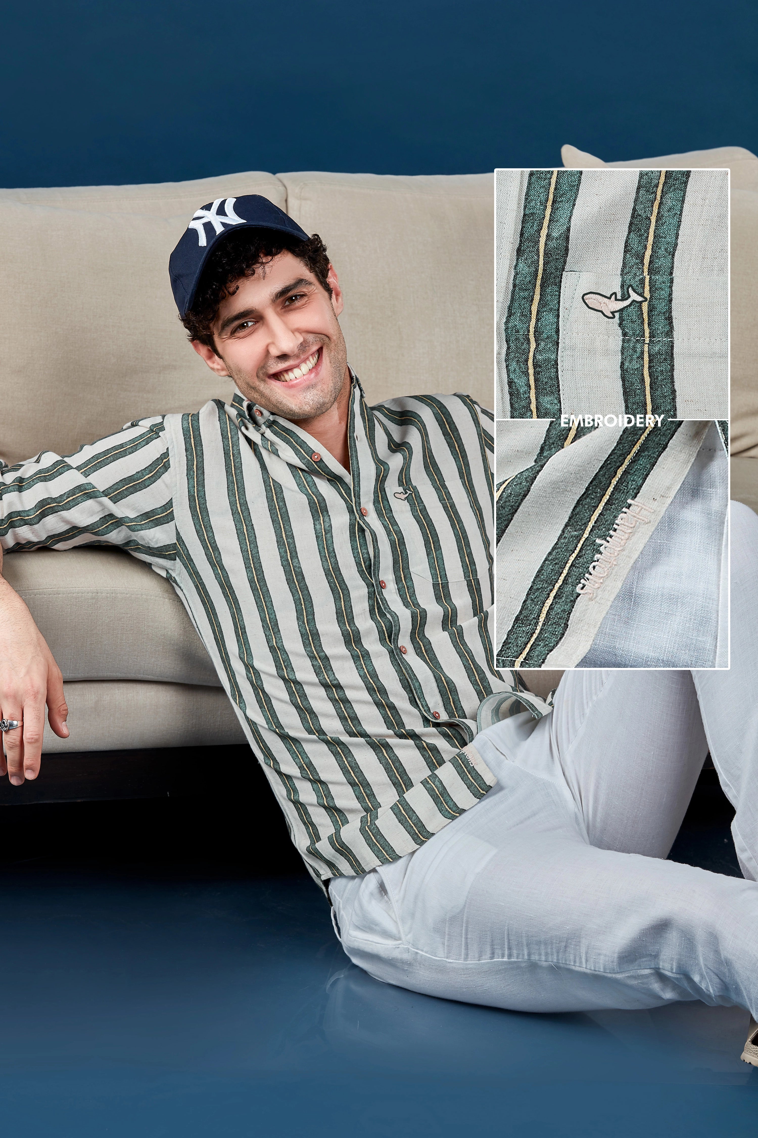 Poseidon Green Linen Stripes Shirt