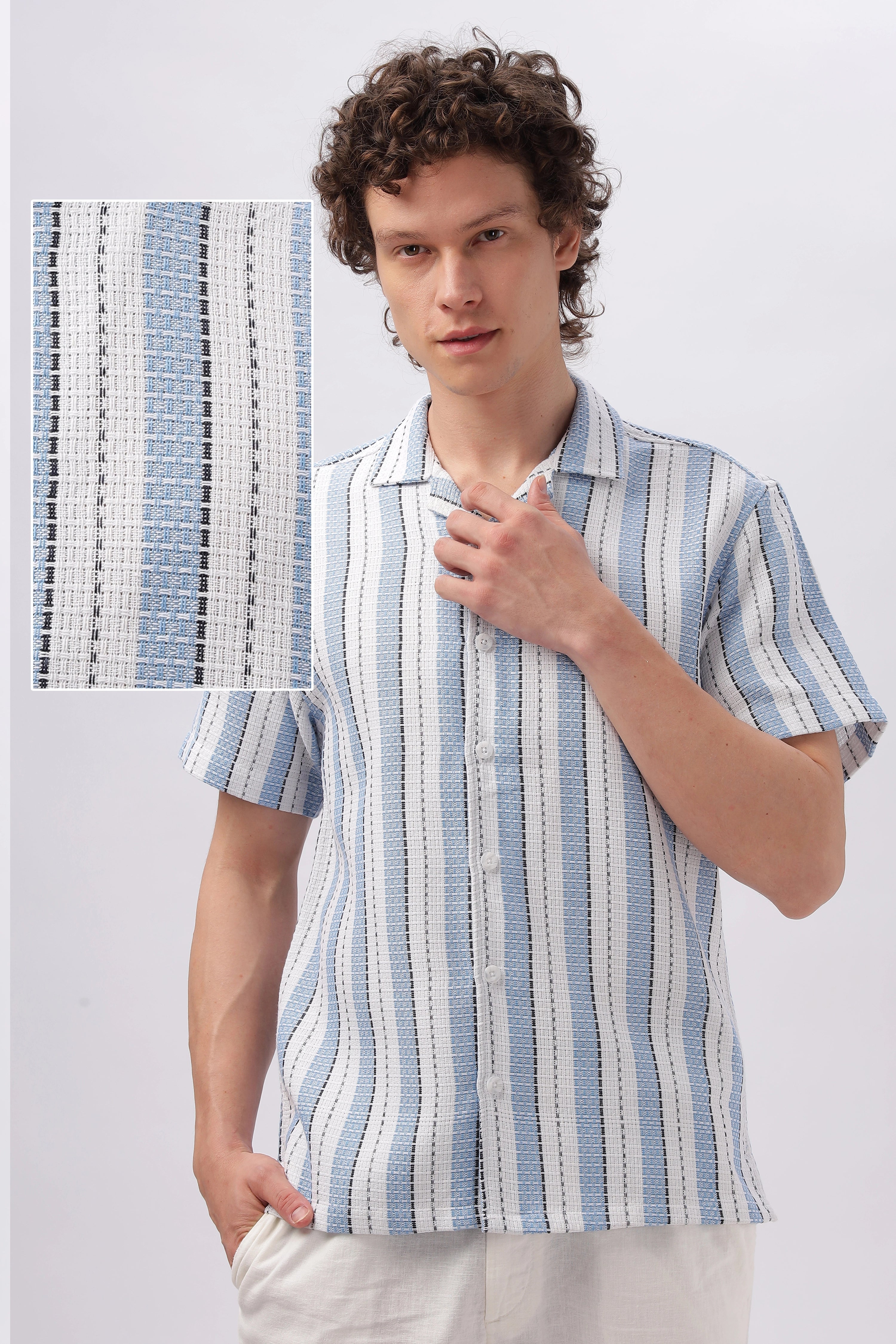 Rice Knit Texture Camp Collar Stripes Shirt