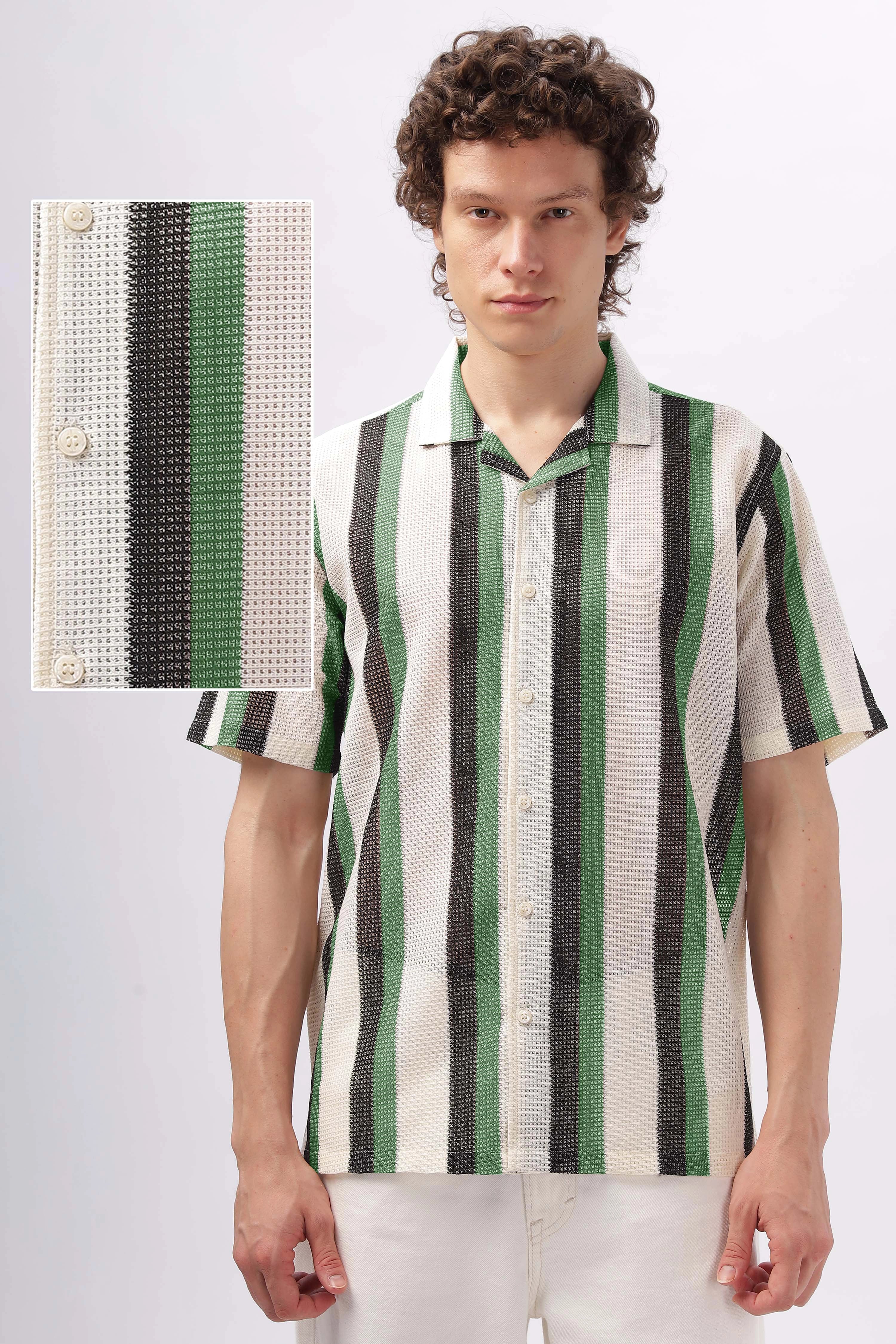 Grain Textured Camp Collar Stripes Shirt