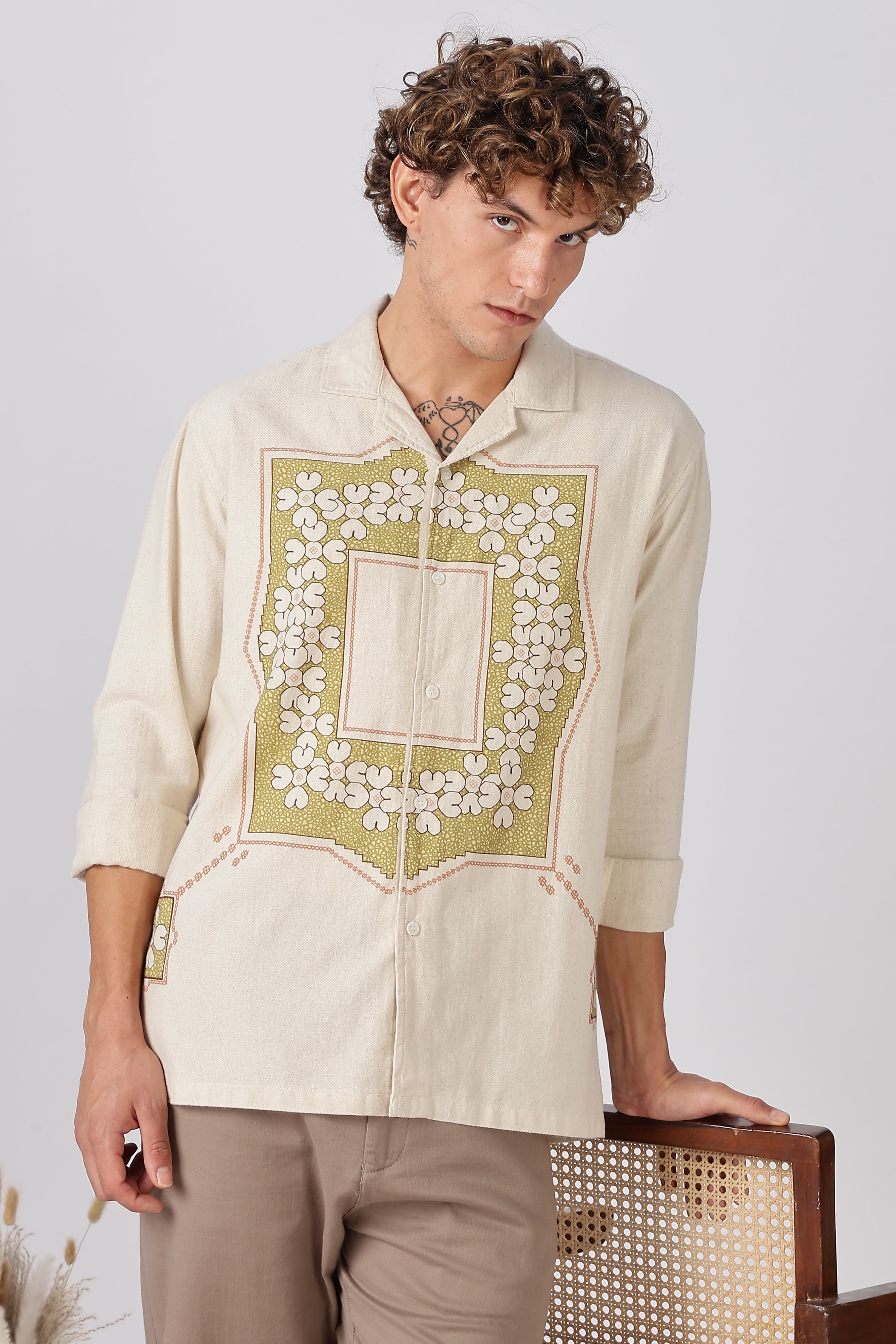 Table for Two Cotton Linen Shirt with Vintage Doily Embroidery
