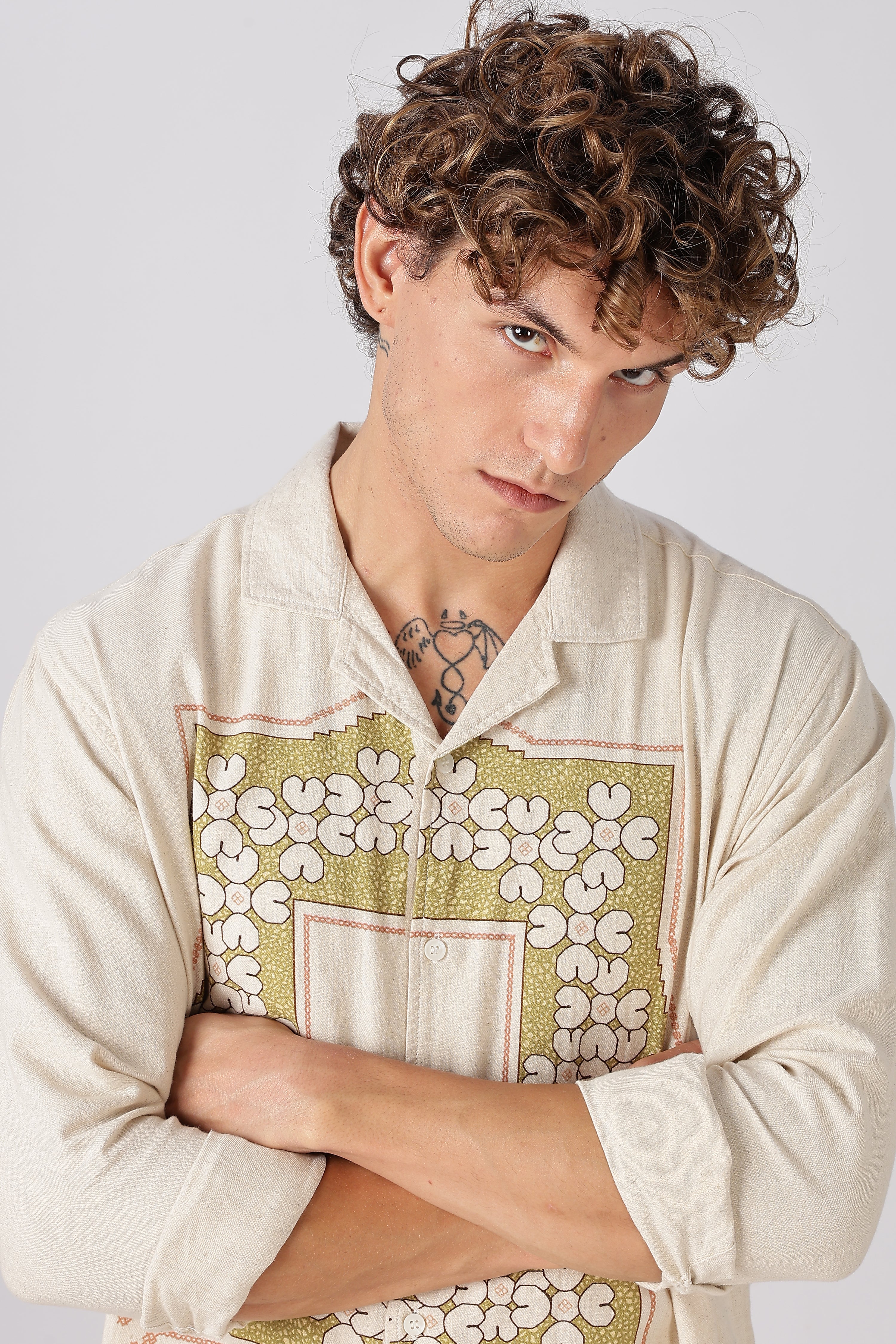 Table for Two Cotton Linen Shirt with Vintage Doily Embroidery