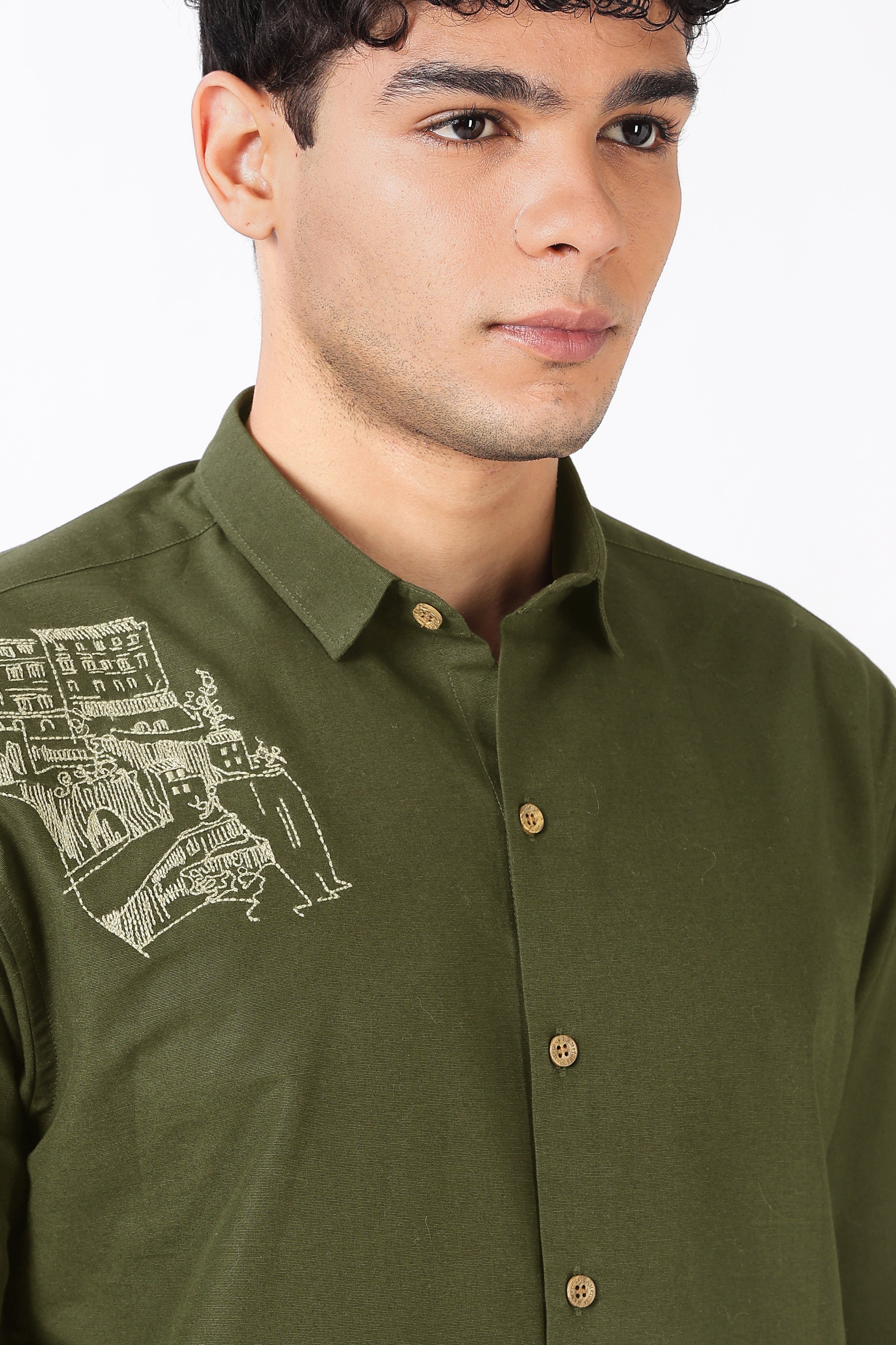 Italian Map Cotton Regular Fit Olive Embroidered Shirt