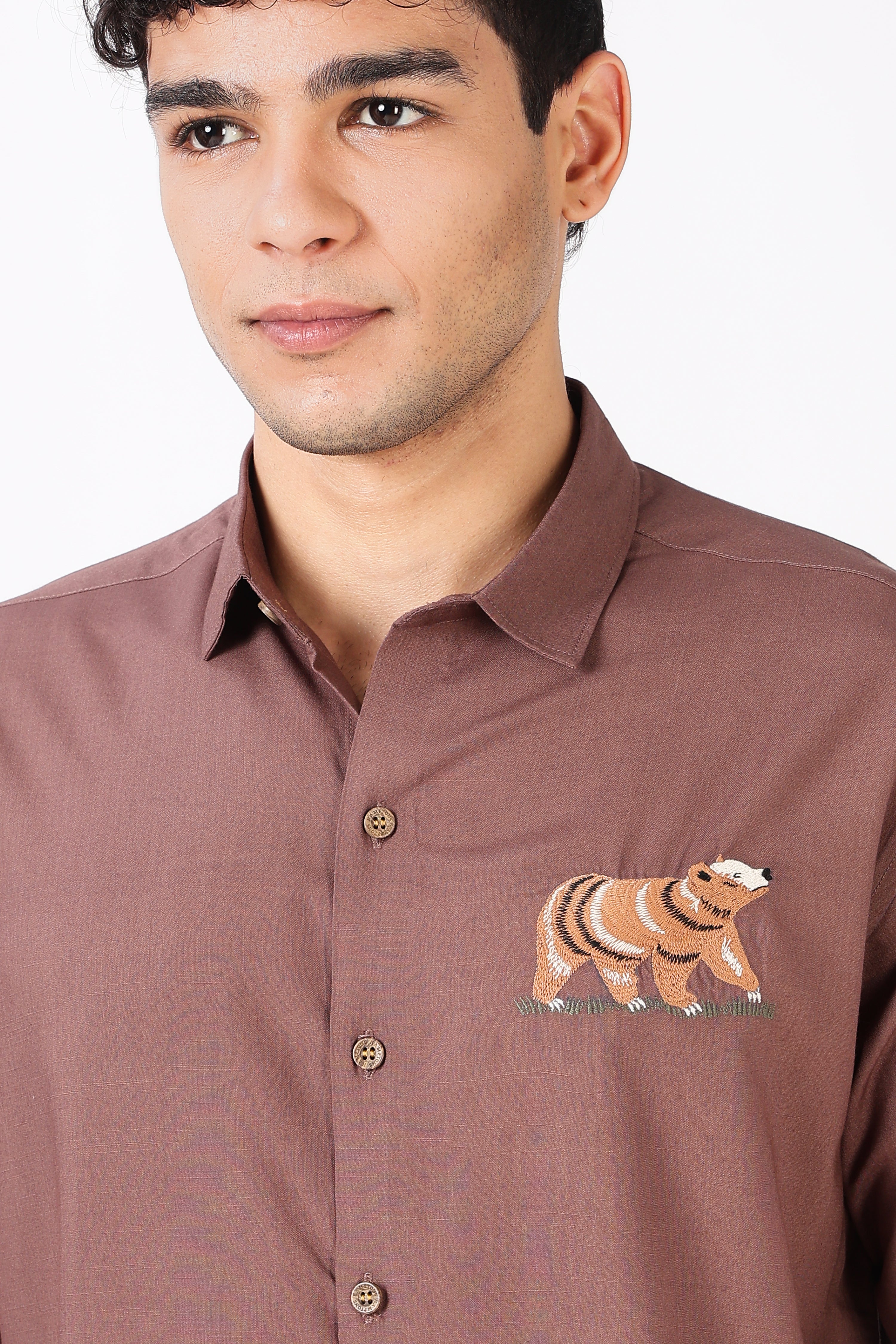 Woodland Bear Cotton Regular Fit Pink Embroidered Shirt