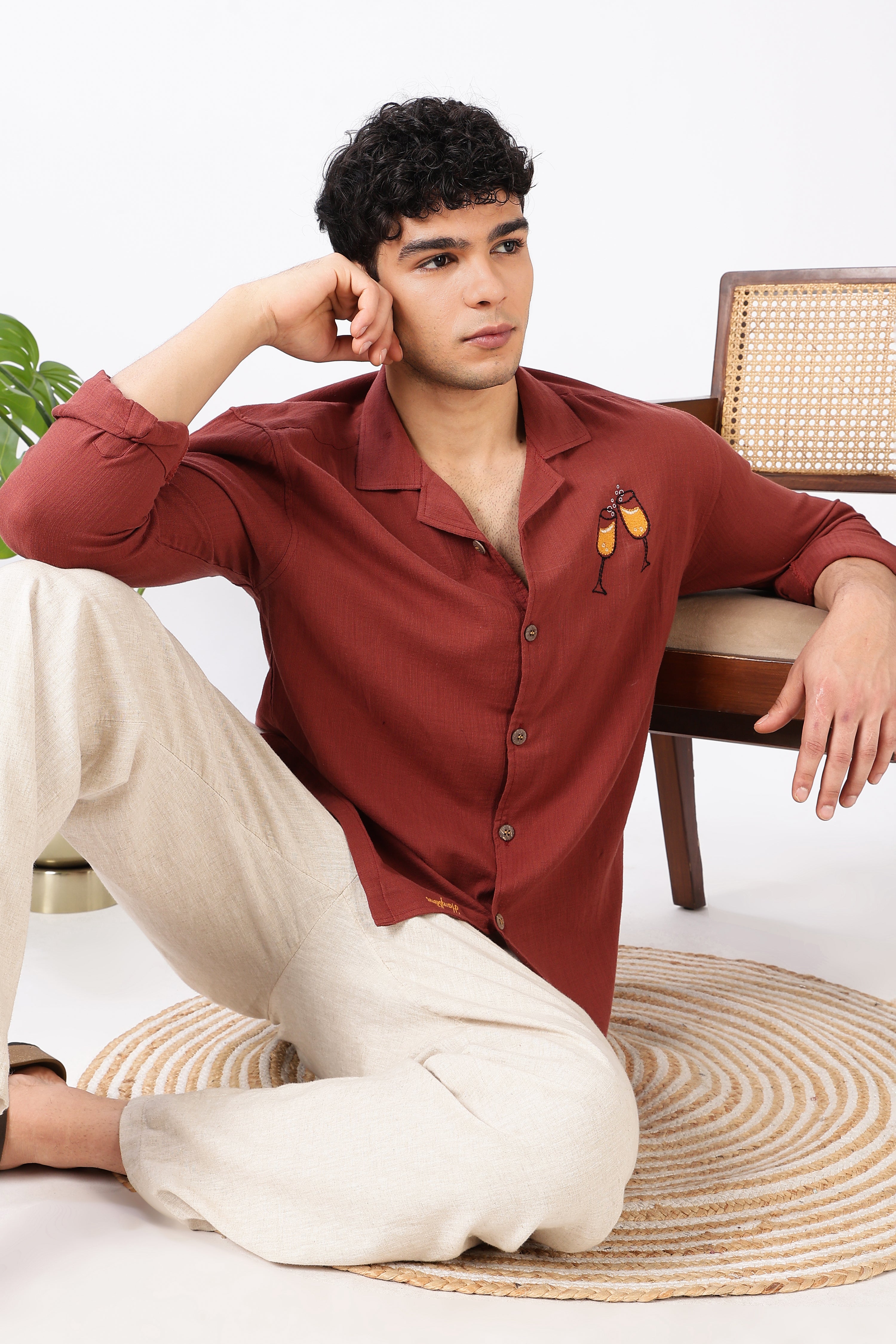Champagne Toast Cotton Regular Fit Orange Embroidered Shirt