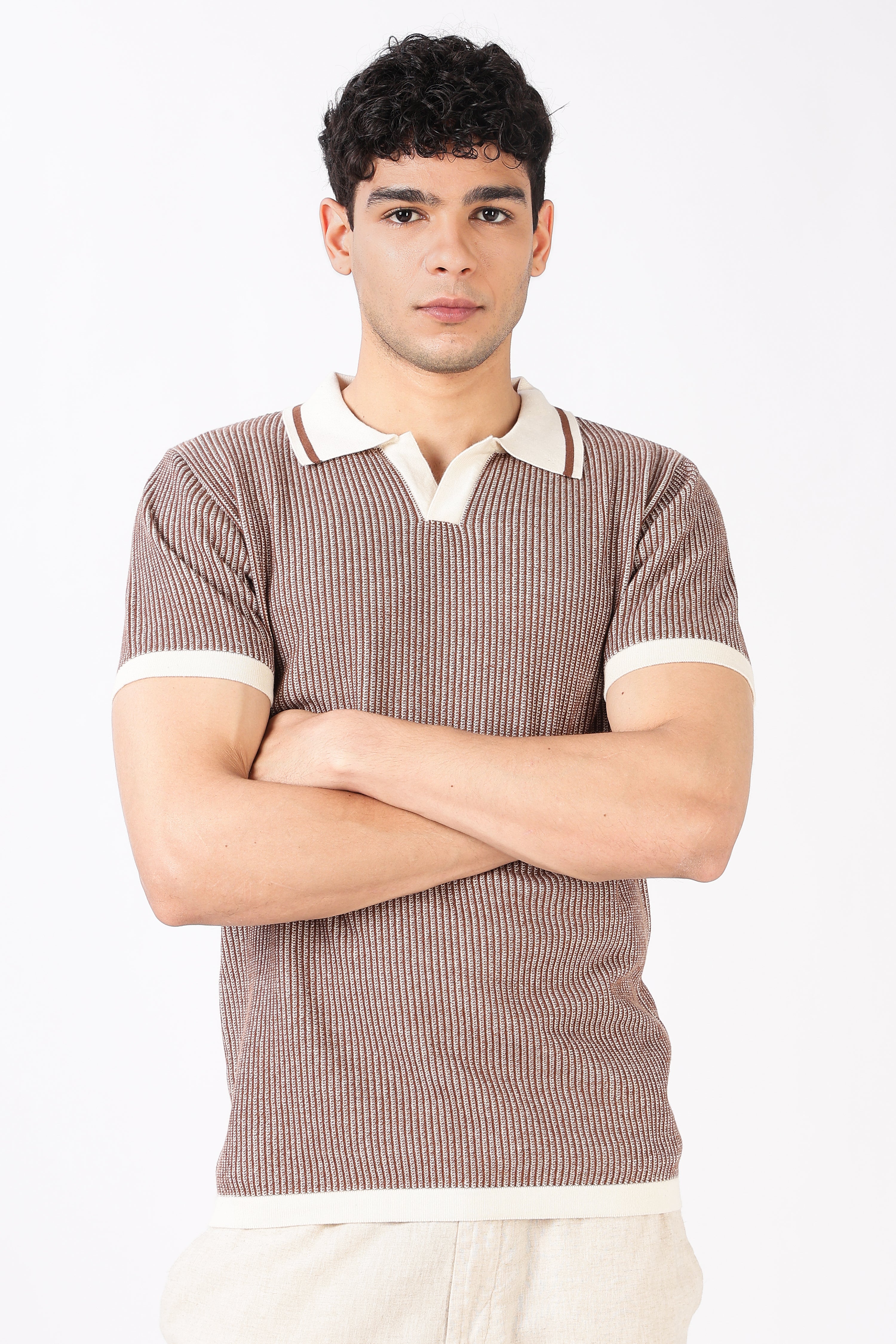 Sienna Stripe Knit Slim Fit Brown Polo T-Shirt
