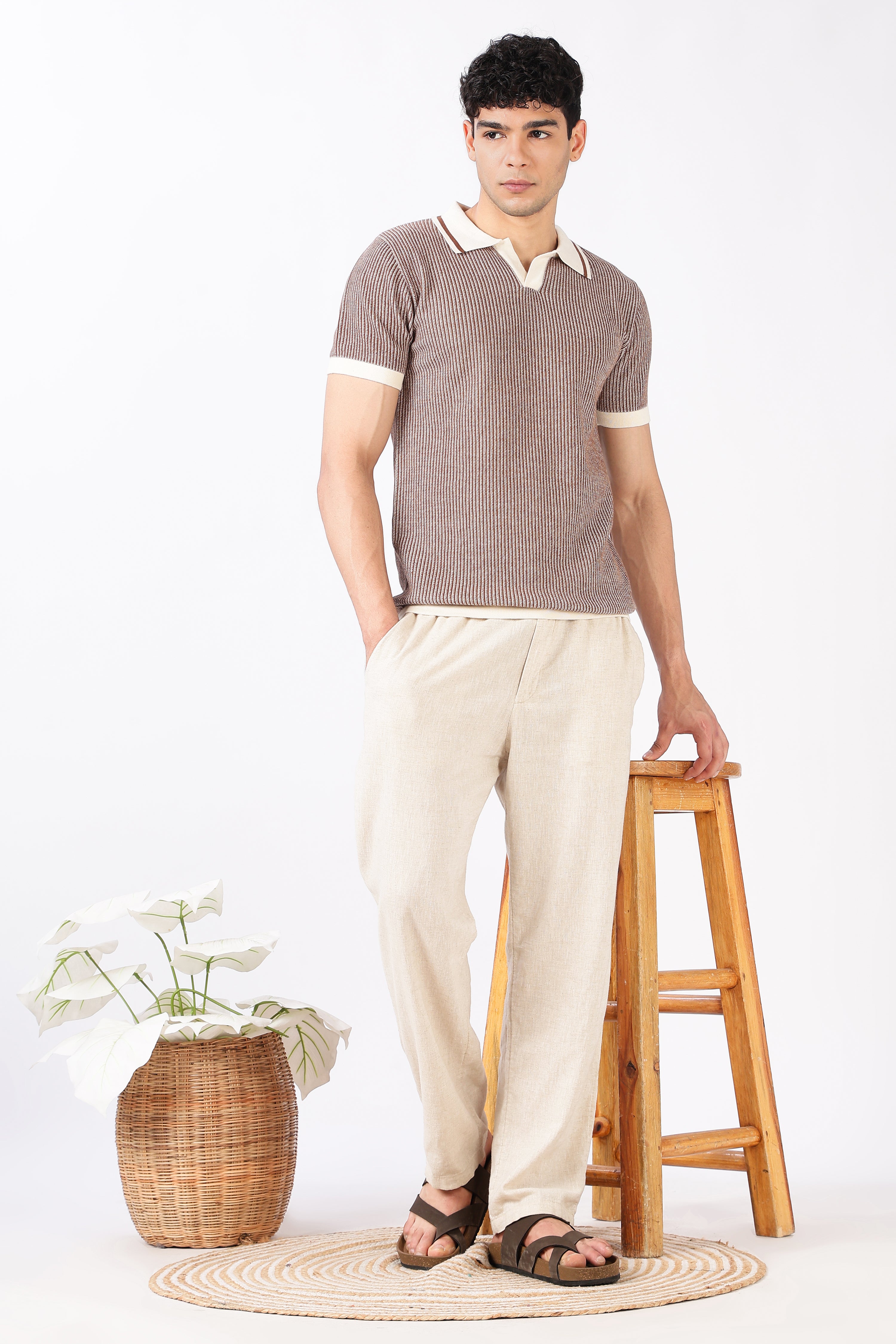 Sienna Stripe Knit Slim Fit Brown Polo T-Shirt