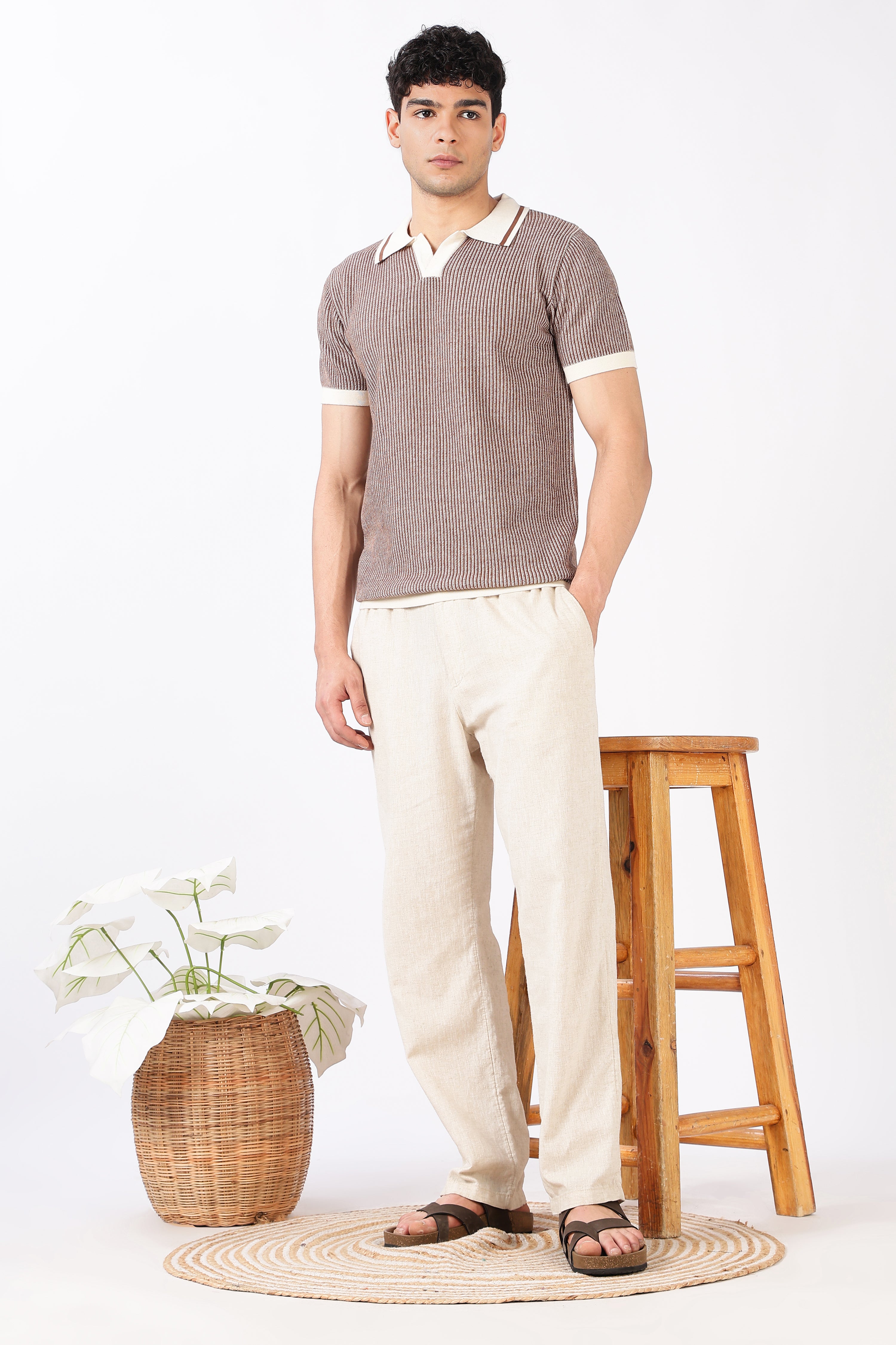 Sienna Stripe Knit Slim Fit Brown Polo T-Shirt