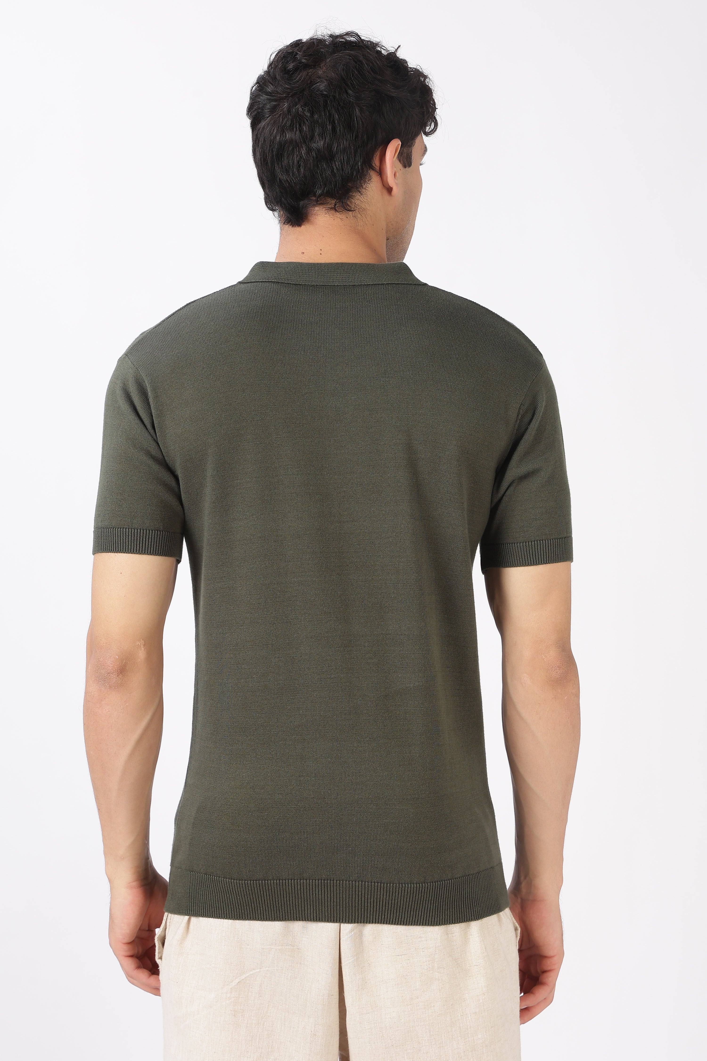 Forest Line Cotton Slim Fit Olive Knitted Polo T-shirt