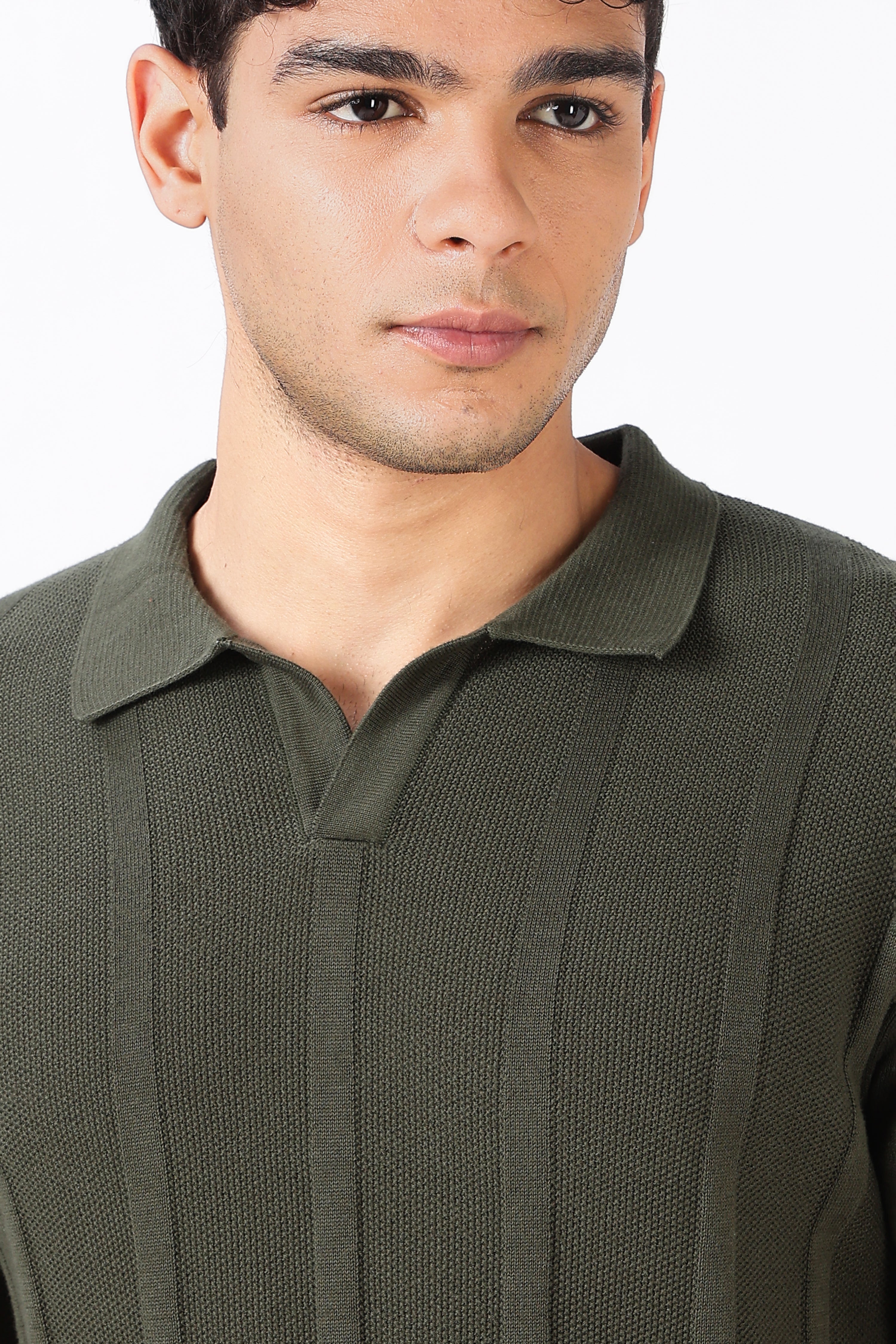 Forest Line Cotton Slim Fit Olive Knitted Polo T-shirt