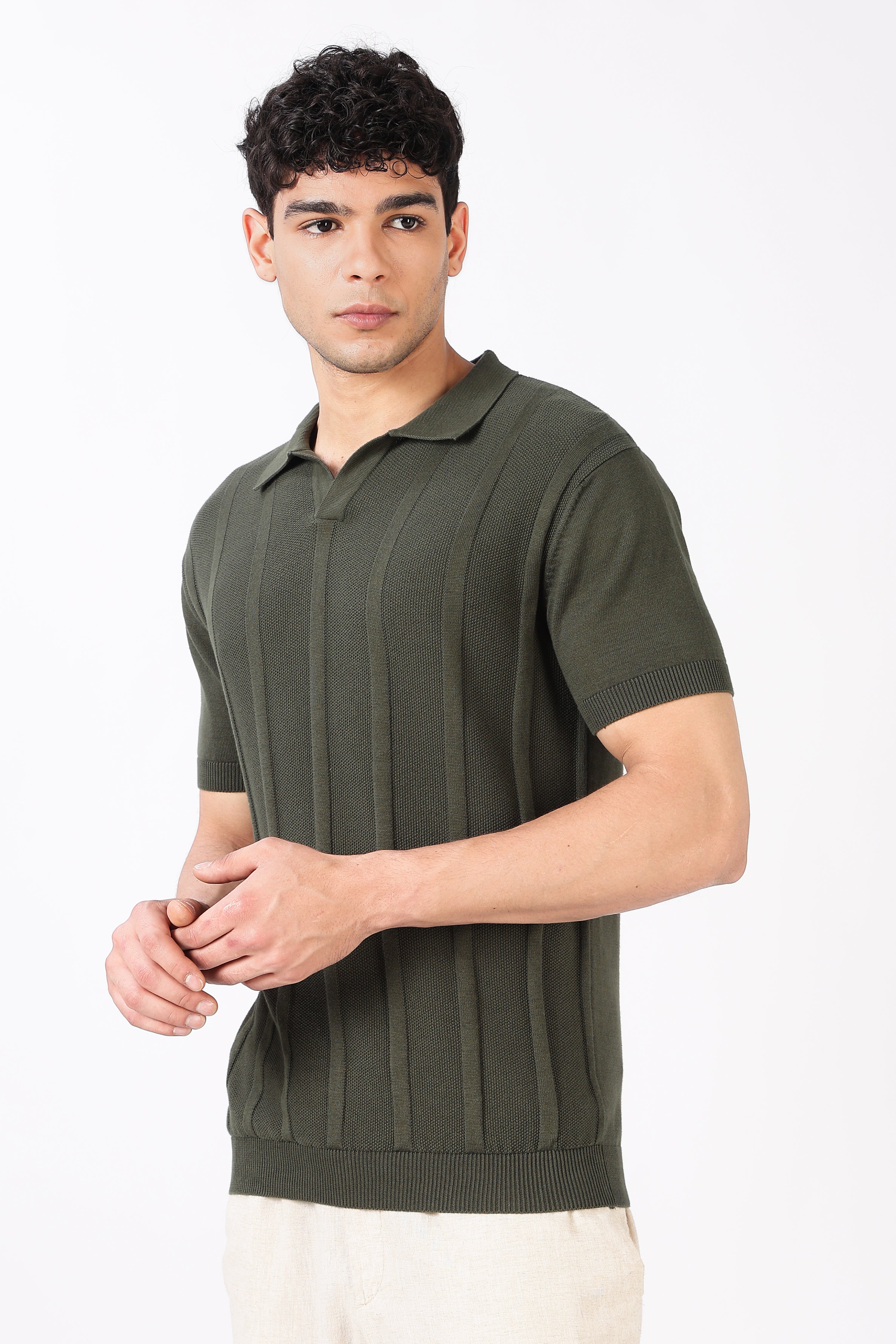Forest Line Cotton Slim Fit Olive Knitted Polo T-shirt