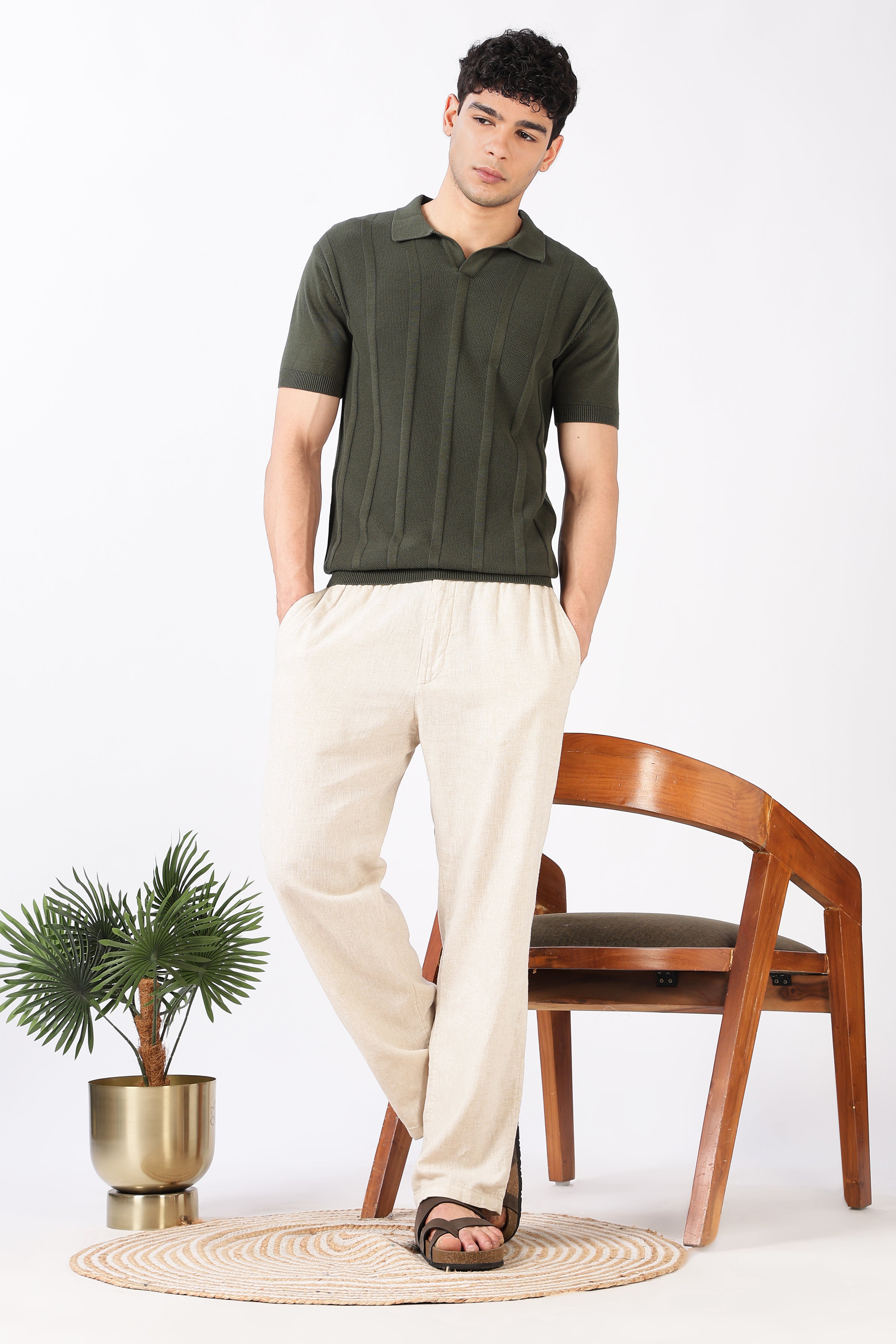Forest Line Cotton Slim Fit Olive Knitted Polo T-shirt