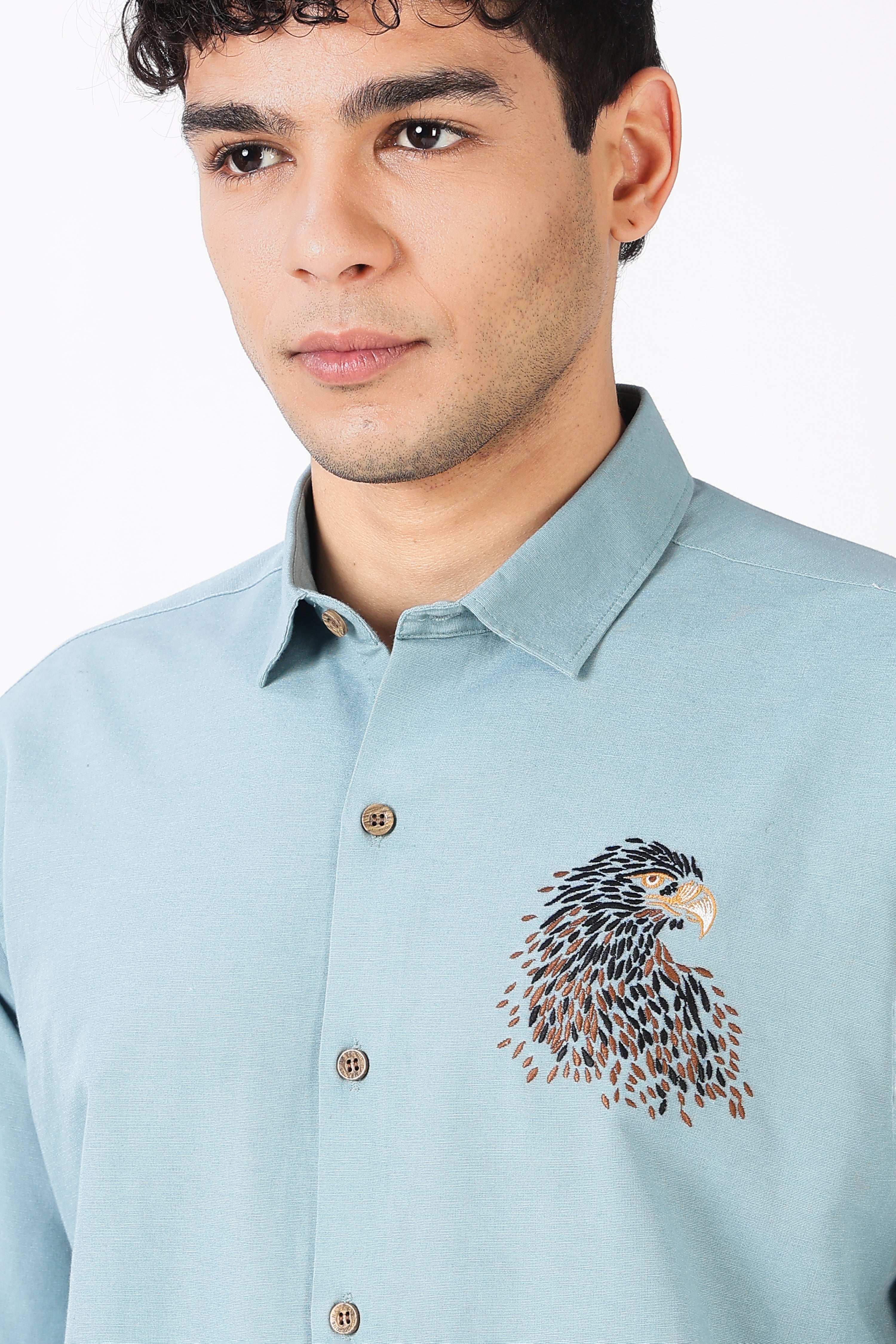 Soaring Eagle Cotton Regular Fit Sky Blue Embroidered Shirt