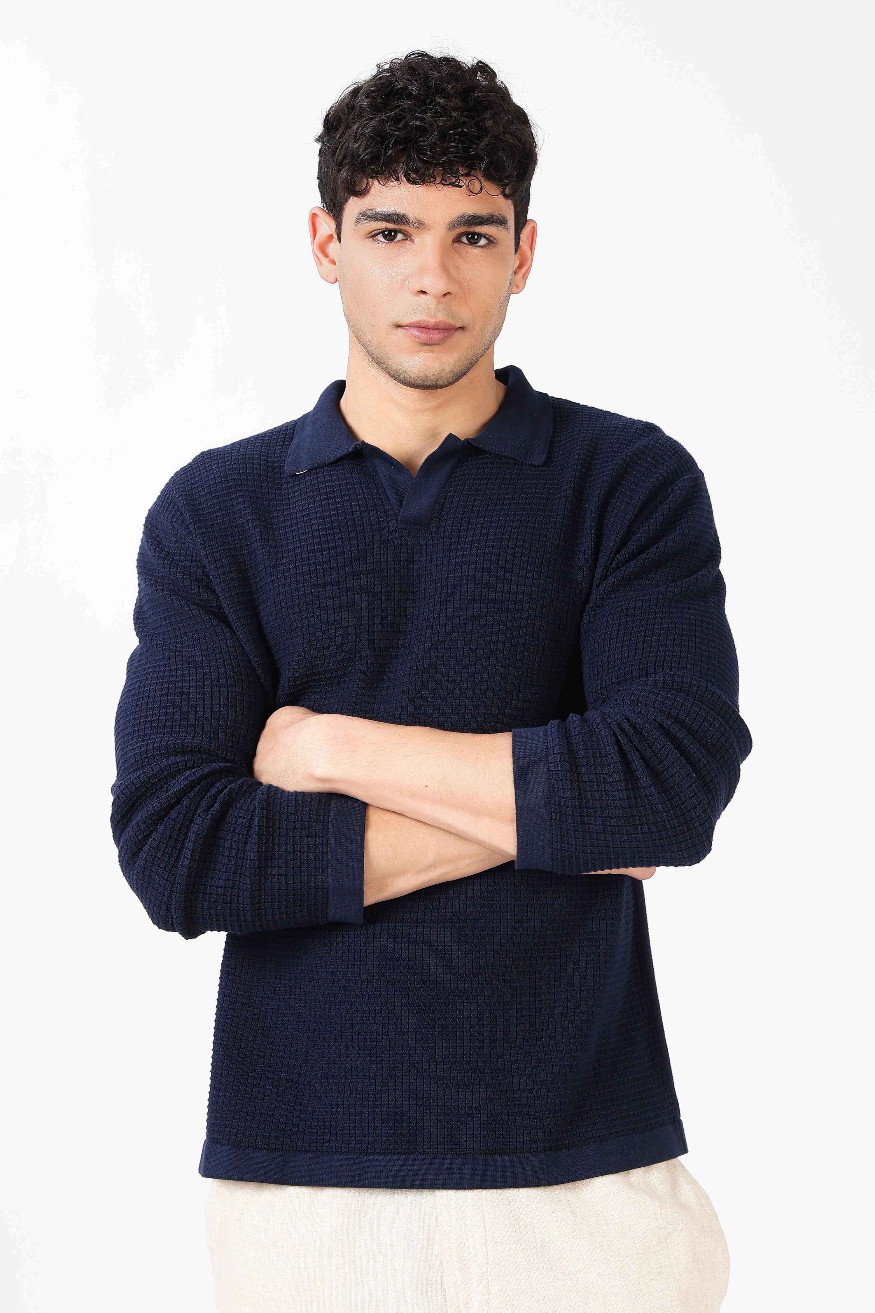 Midnight Grid Knit Slim Fit Navy Polo T-shirt