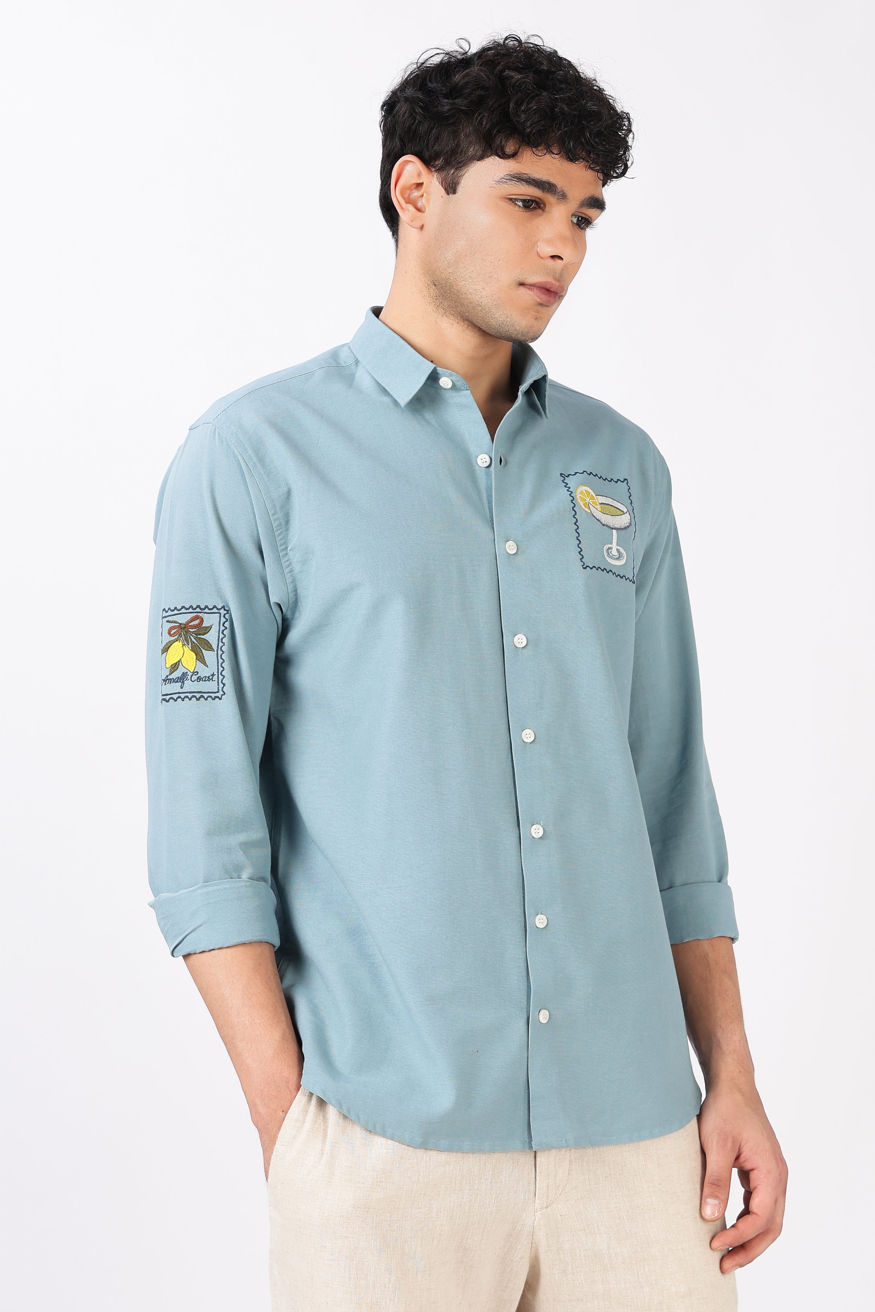 Citrus Cocktail 100% Cotton Regular Fit Sky Blue Embroidered Shirt