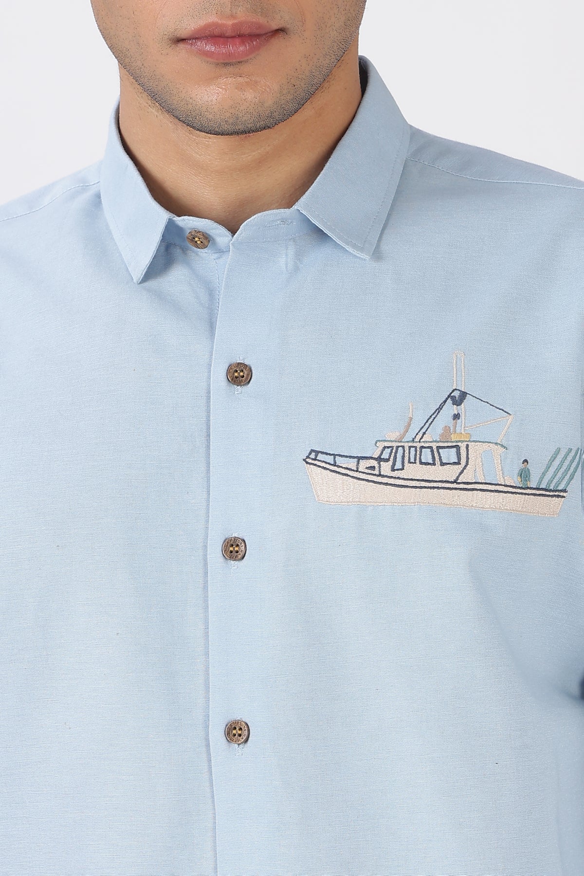 Harbour Catch Cotton Regular Fit Blue Embroidered Shirt