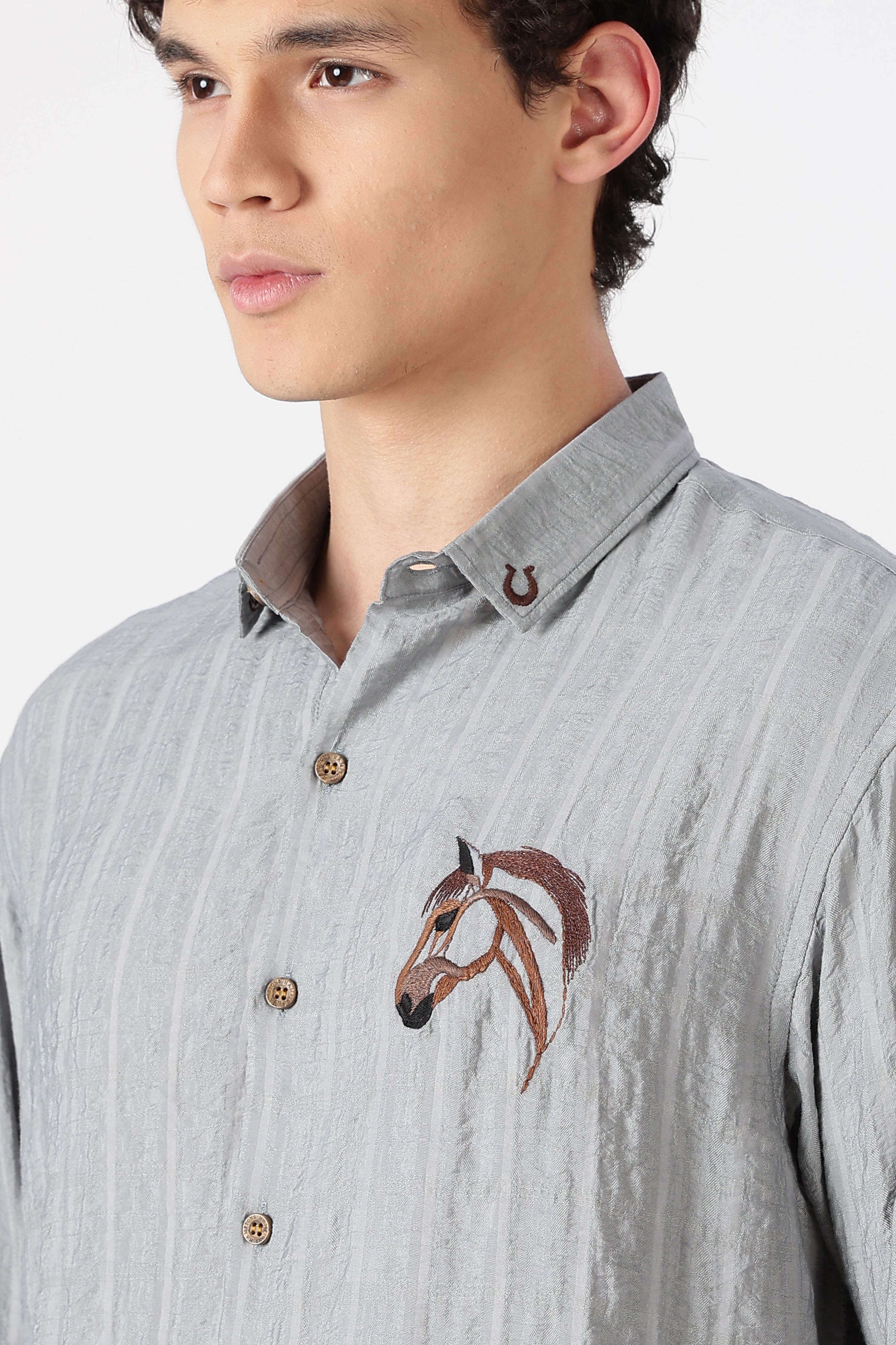 Mustang Horse Cotton Regular Fit Grey Embroidered Shirt