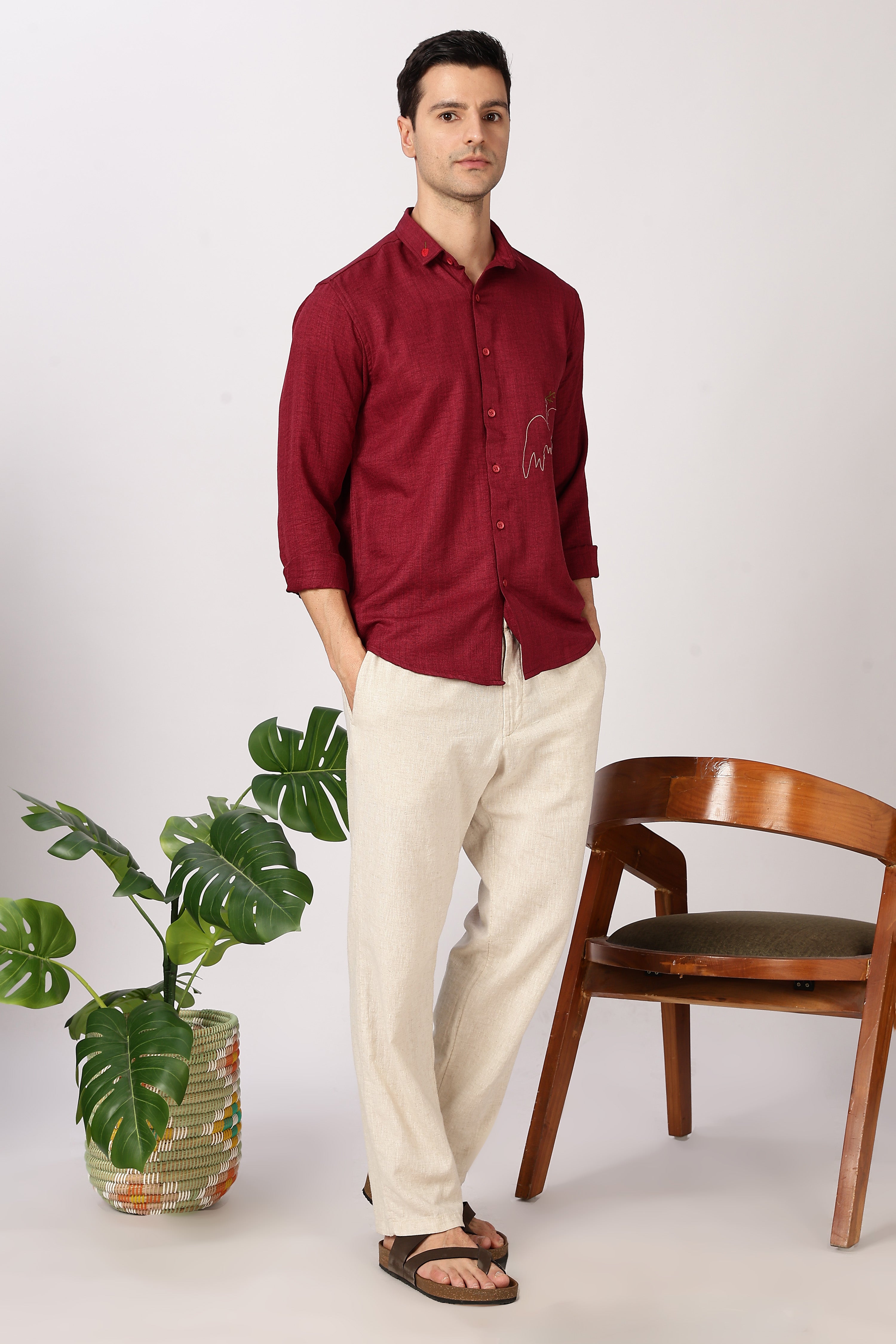 Peace Dove Cotton Regular Fit Maroon Embroidered Shirt