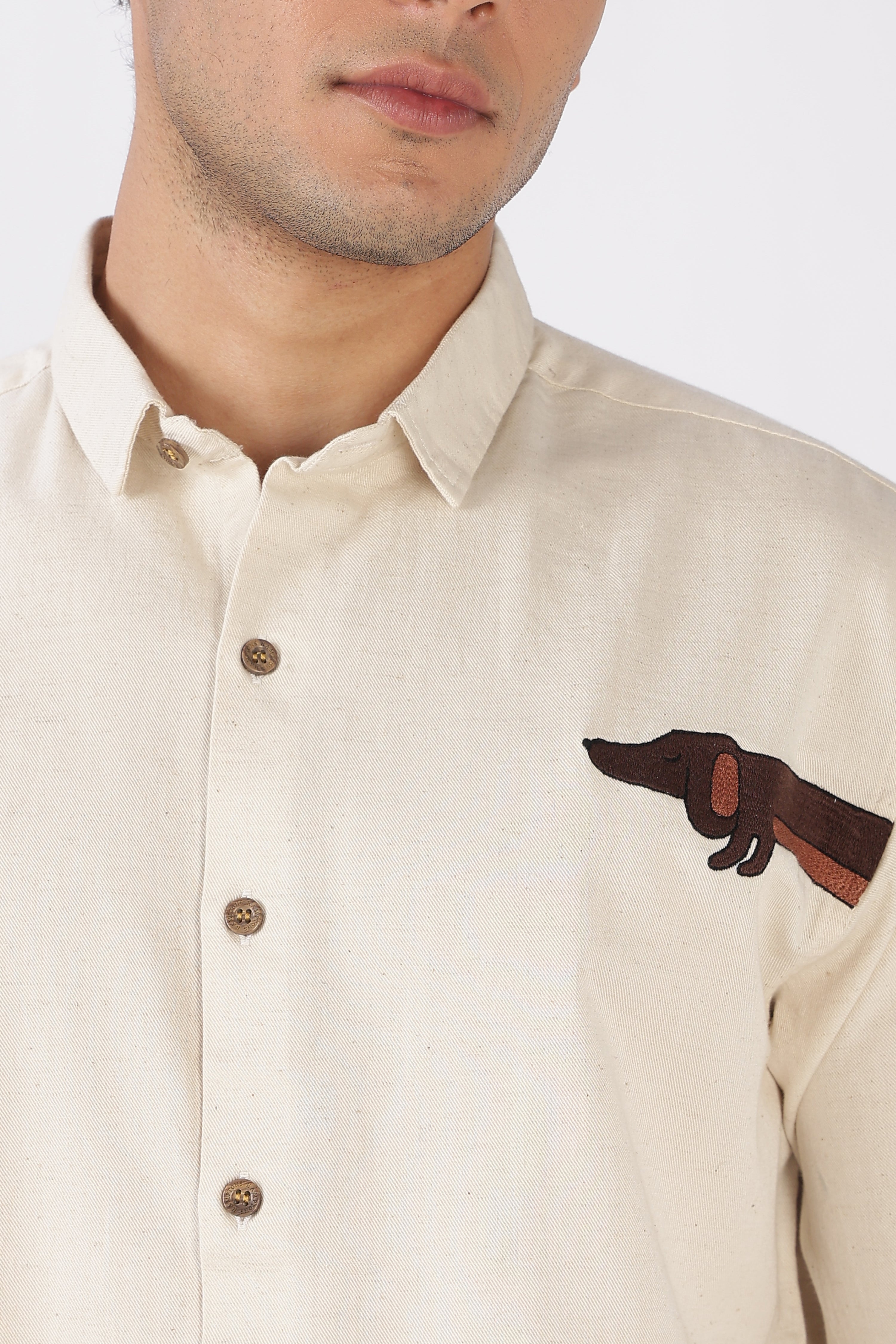 Playful Dachshund Cotton Regular Fit Beige Embroidered Shirt