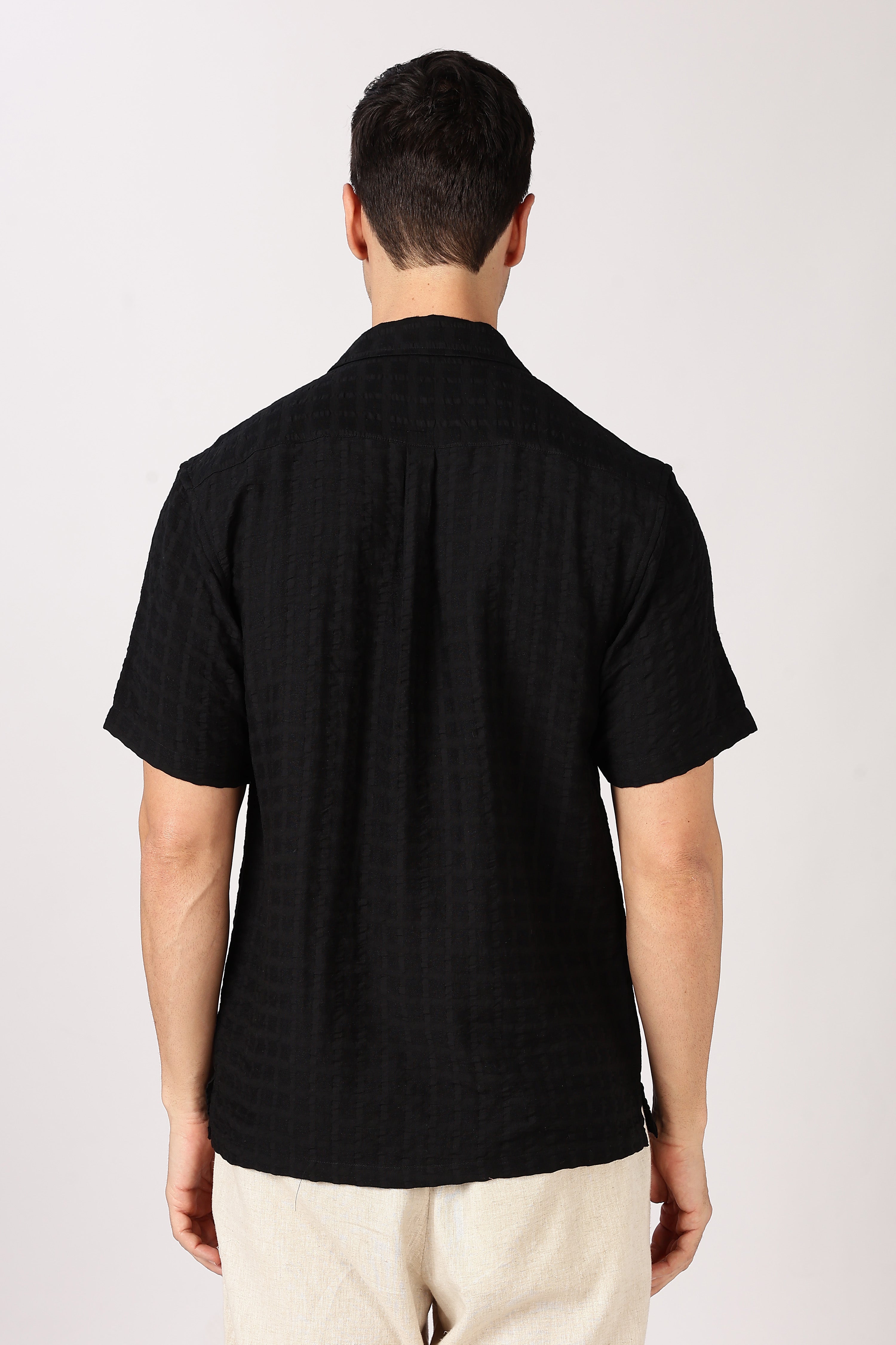 Black Textured Half-Sleeve Cuban Collar Shirt