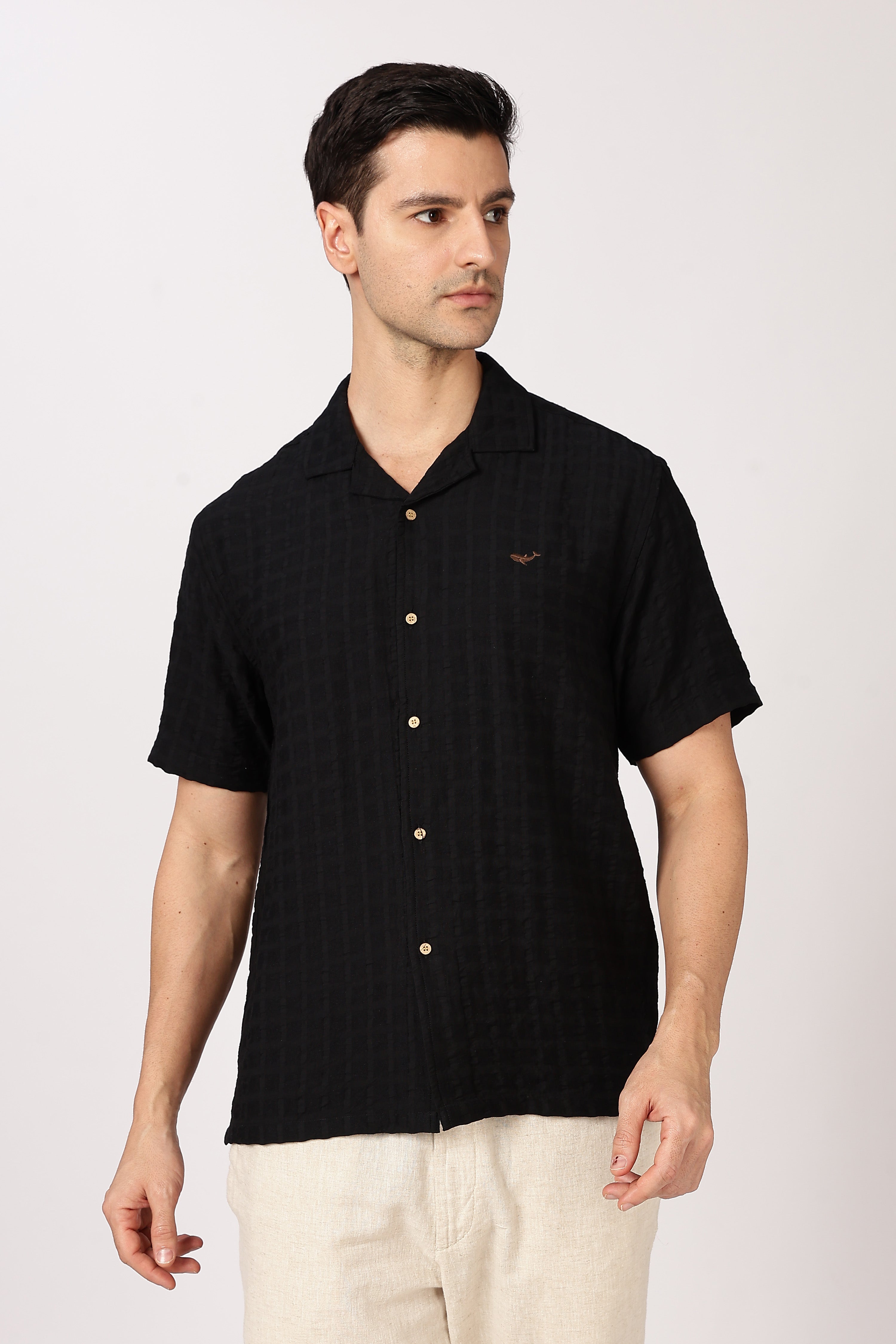 Black Textured Half-Sleeve Cuban Collar Shirt