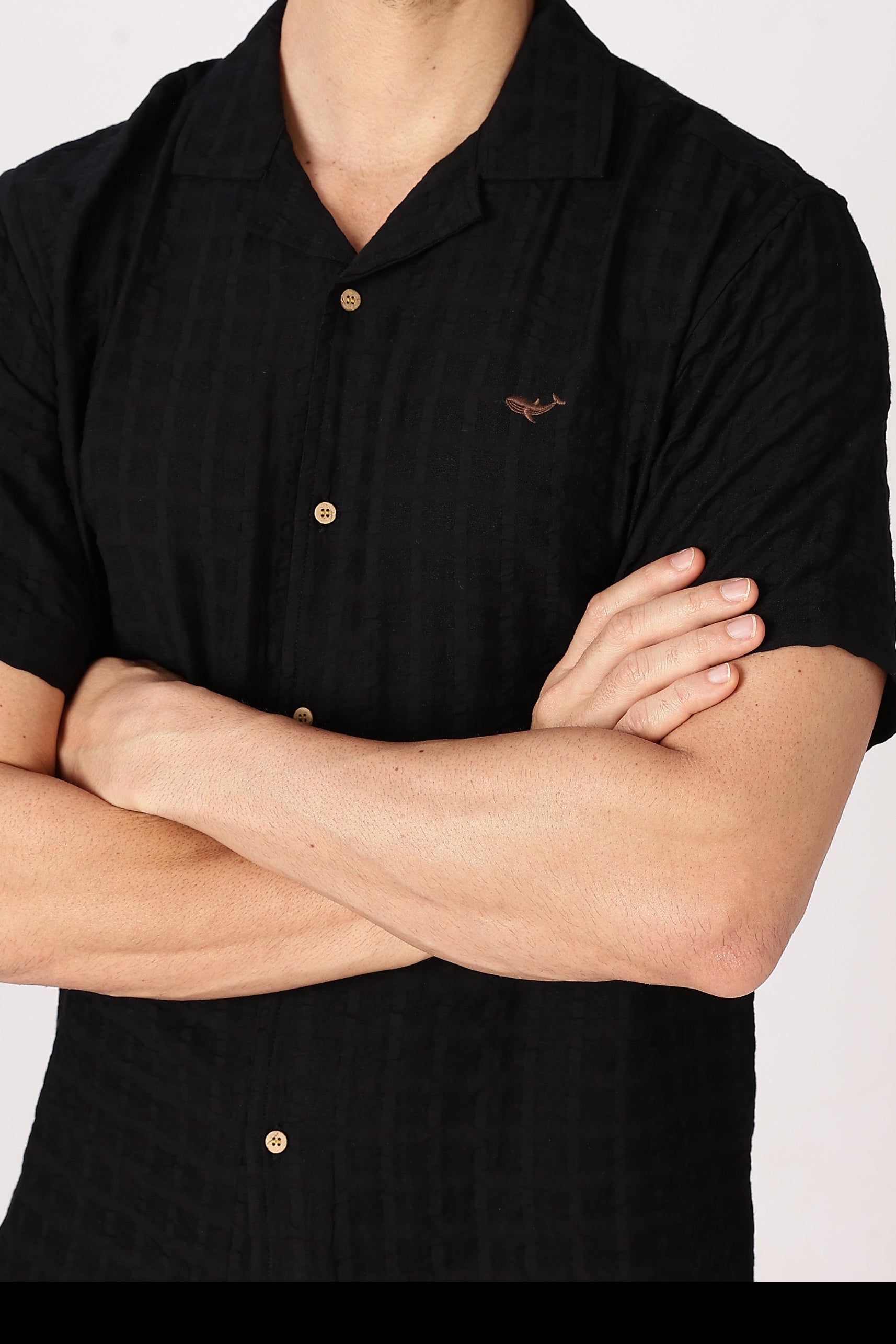 Black Textured Half-Sleeve Cuban Collar Shirt
