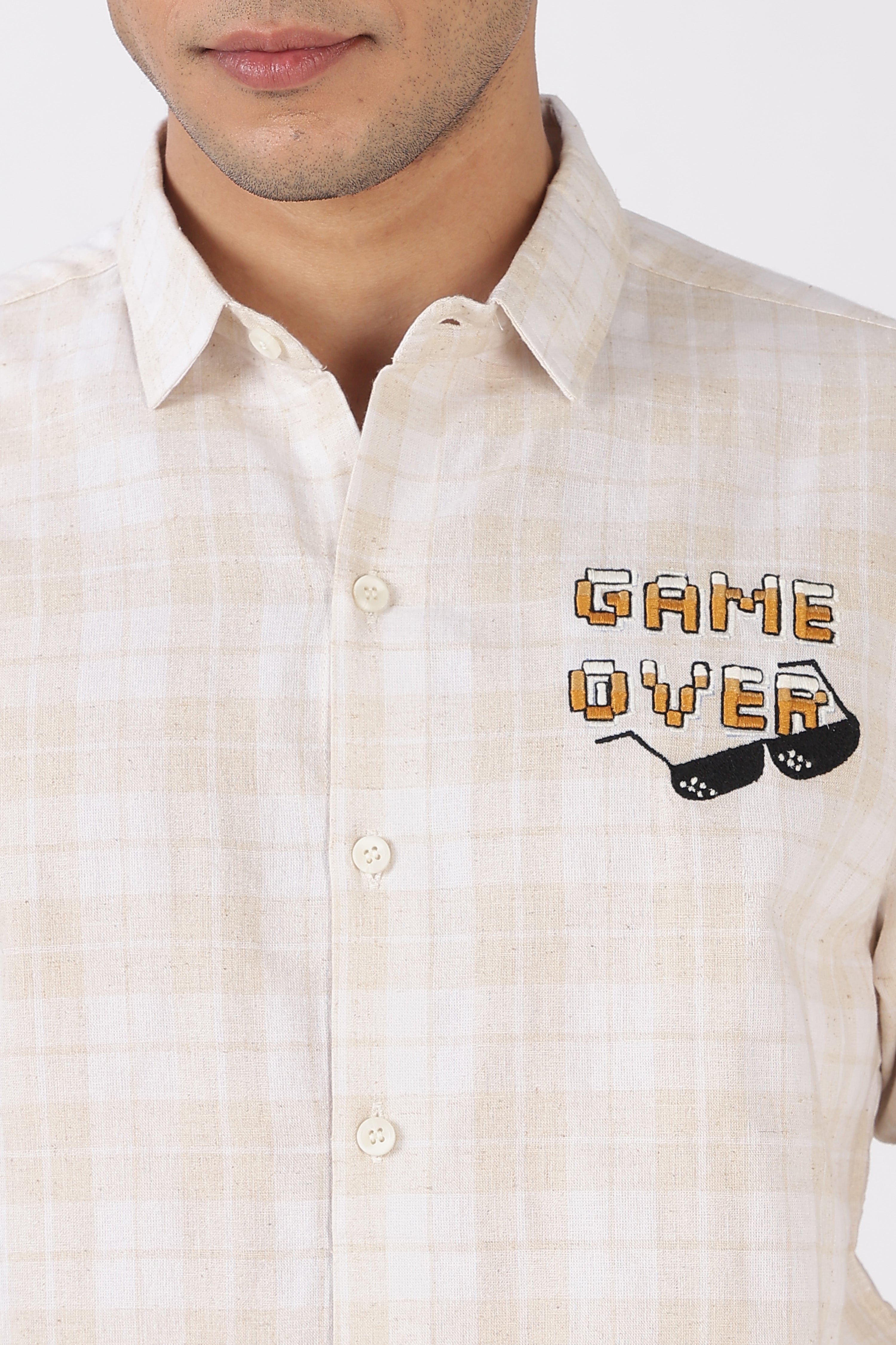 Game Over Cotton Checkered Regular Fit Beige Embroidered Shirt