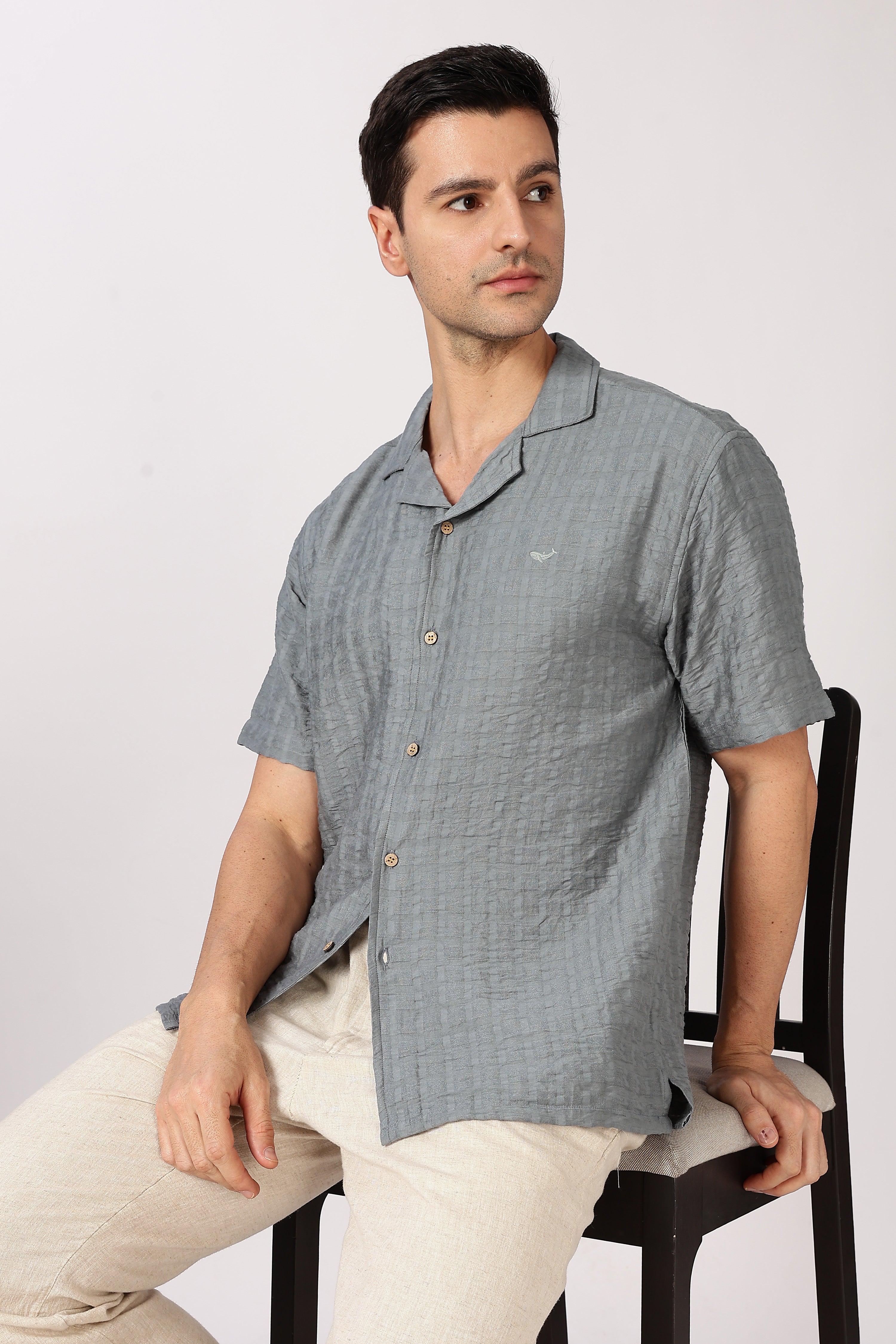 Steel Blue Textured Half-Sleeve Cuban Collar Shirt