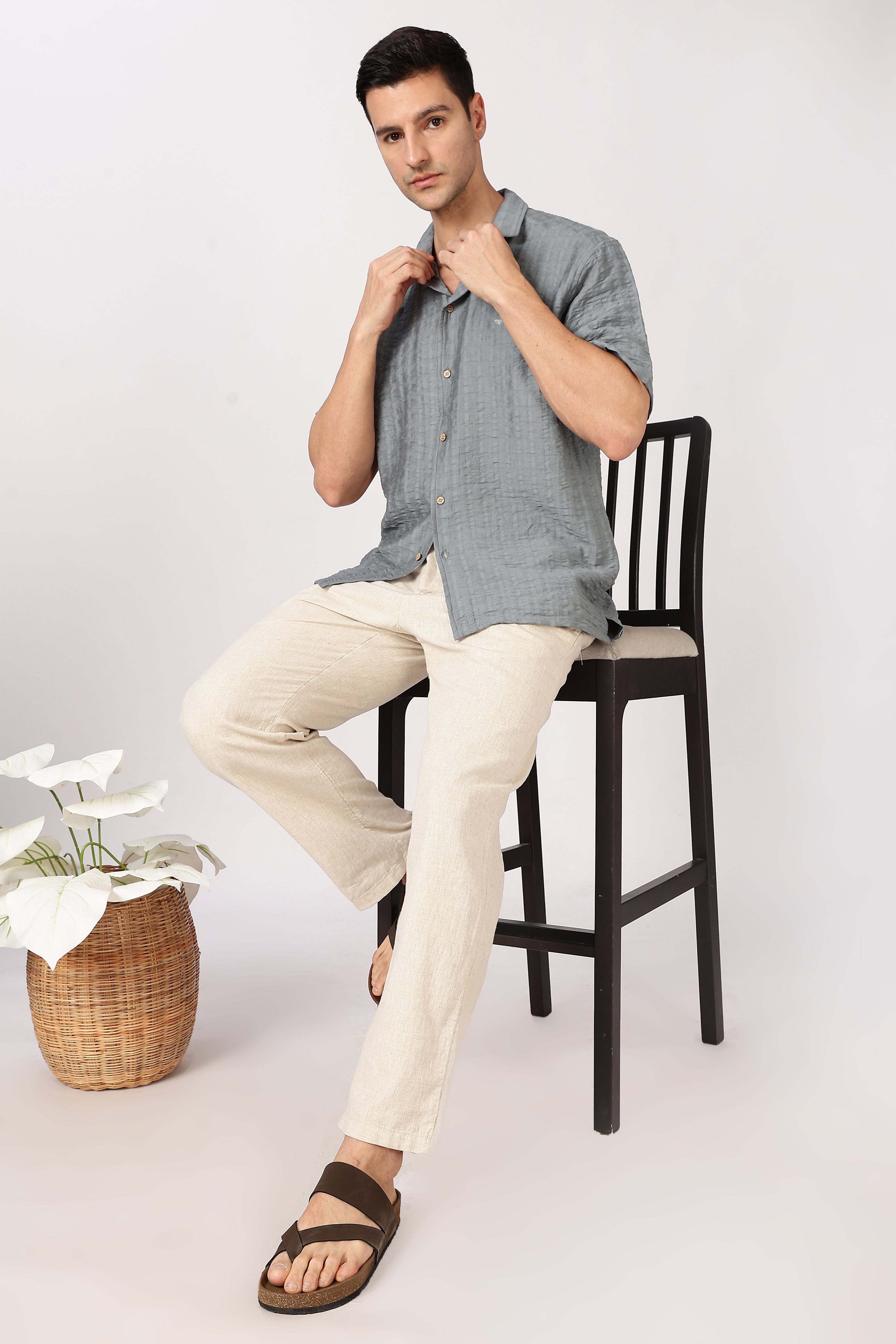 Steel Blue Textured Half-Sleeve Cuban Collar Shirt