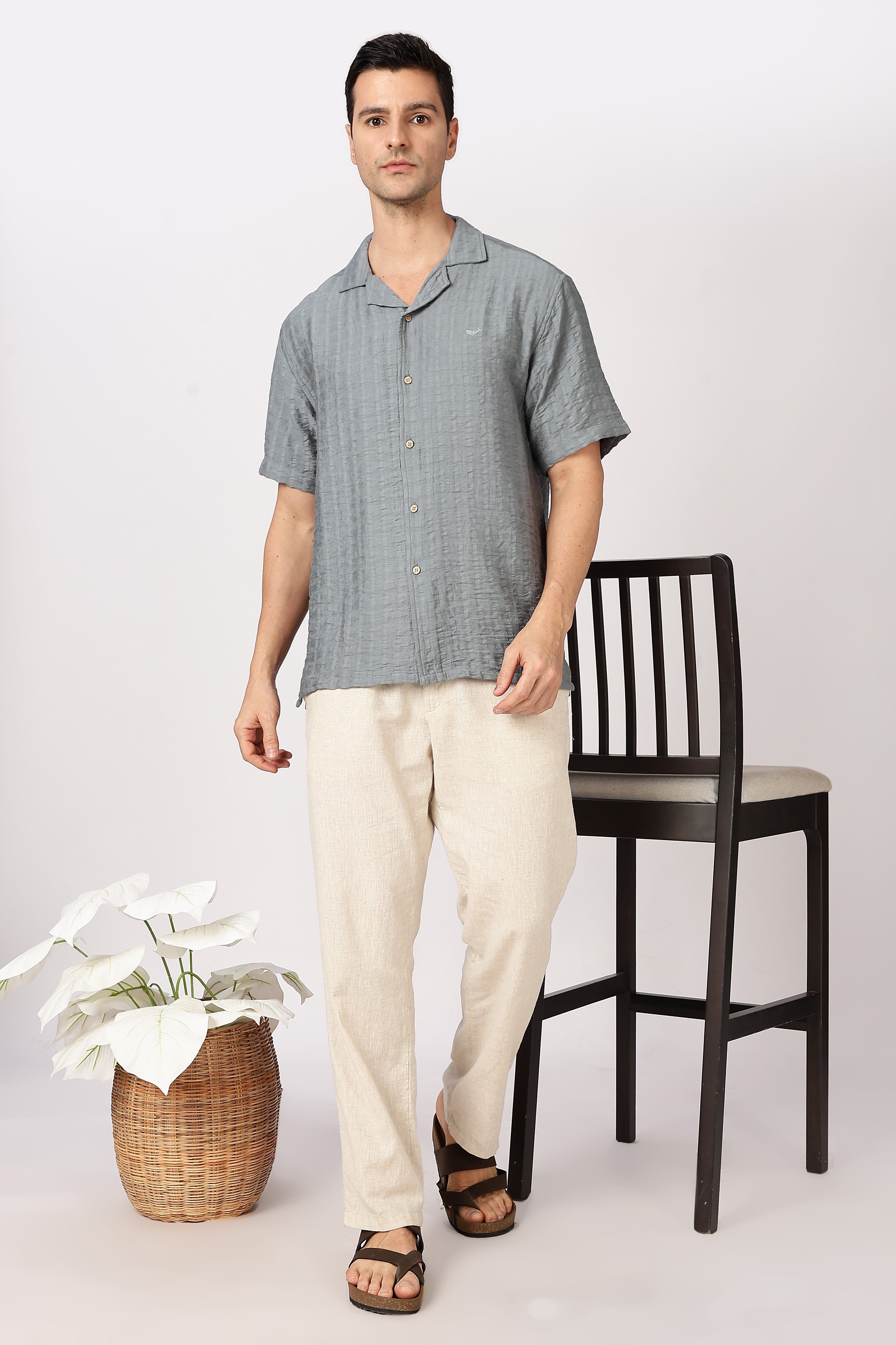 Steel Blue Textured Half-Sleeve Cuban Collar Shirt