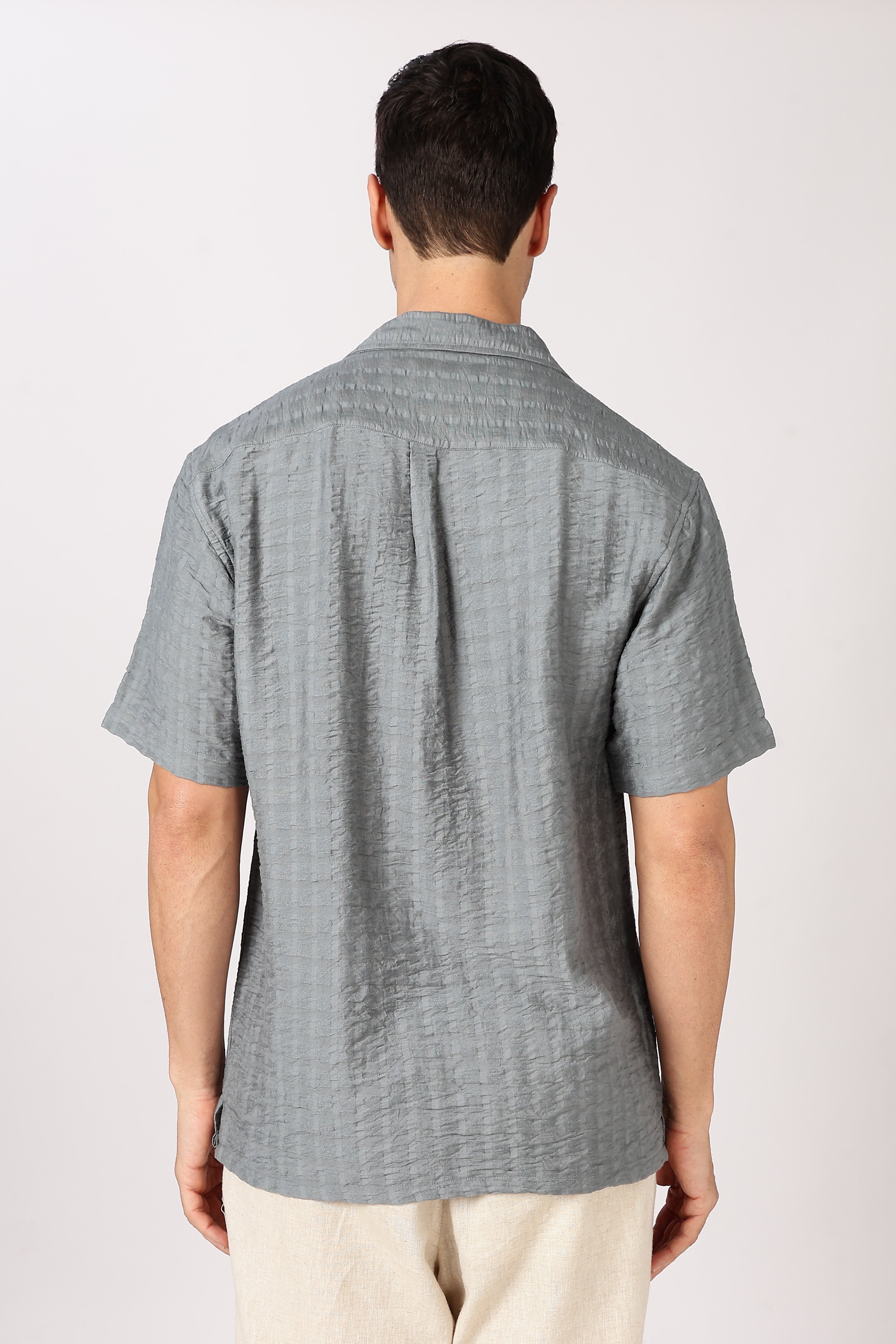 Steel Blue Textured Half-Sleeve Cuban Collar Shirt