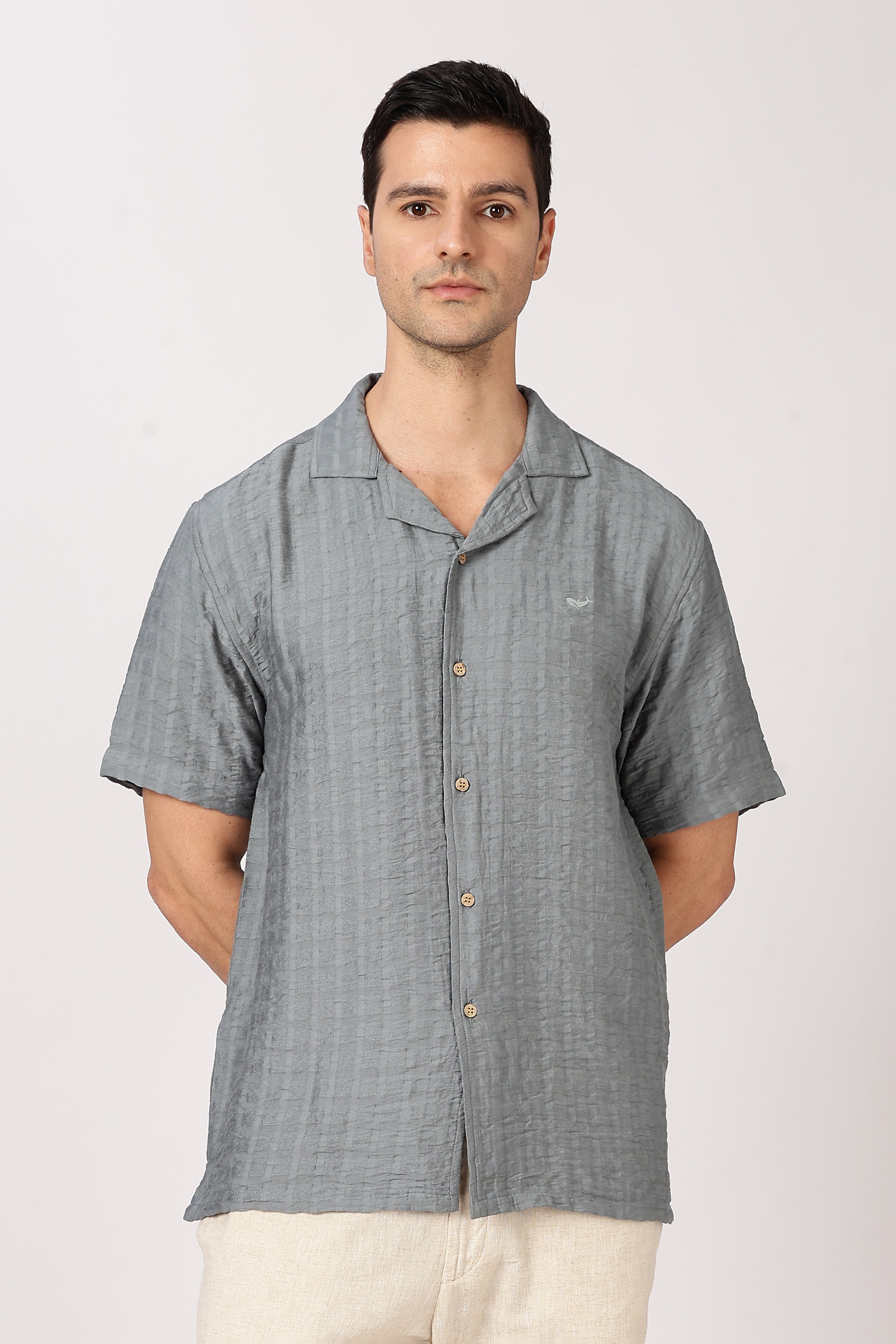 Steel Blue Textured Half-Sleeve Cuban Collar Shirt