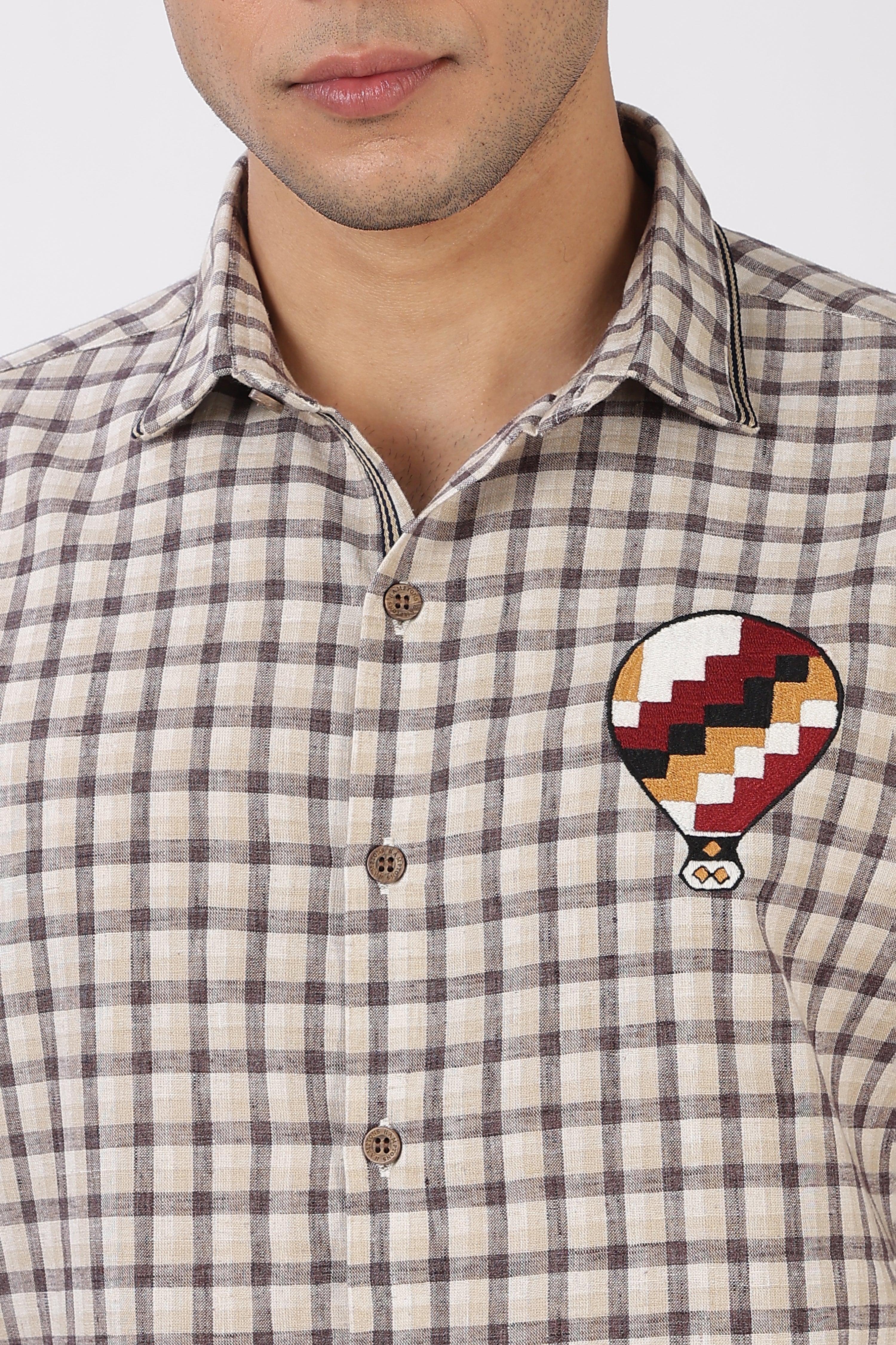 Cappadocia Voyage Cotton Regular Fit Brown Checkered Embroidered Shirt