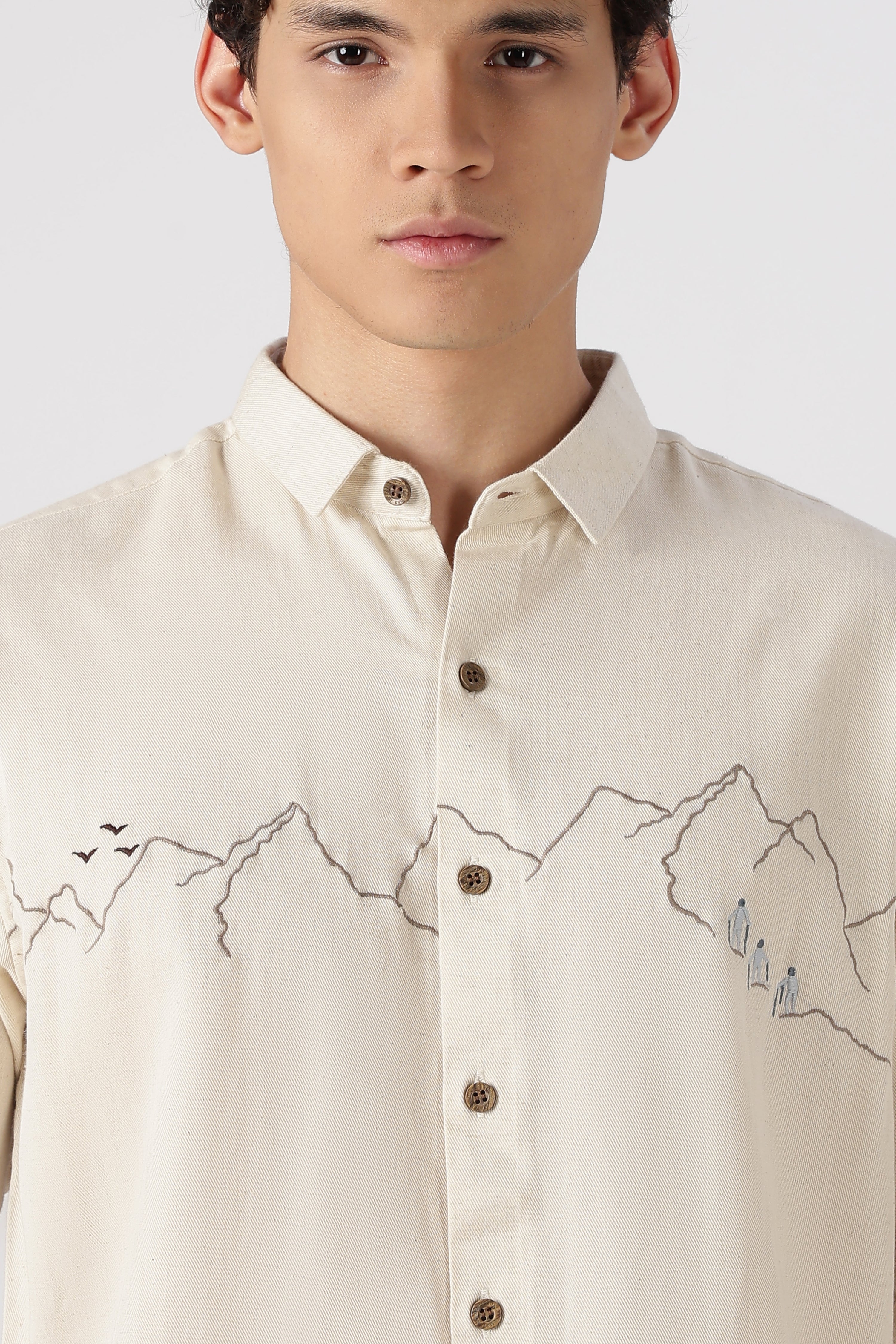 Summit Trek Cotton Regular Fit Beige Embroidered Shirt