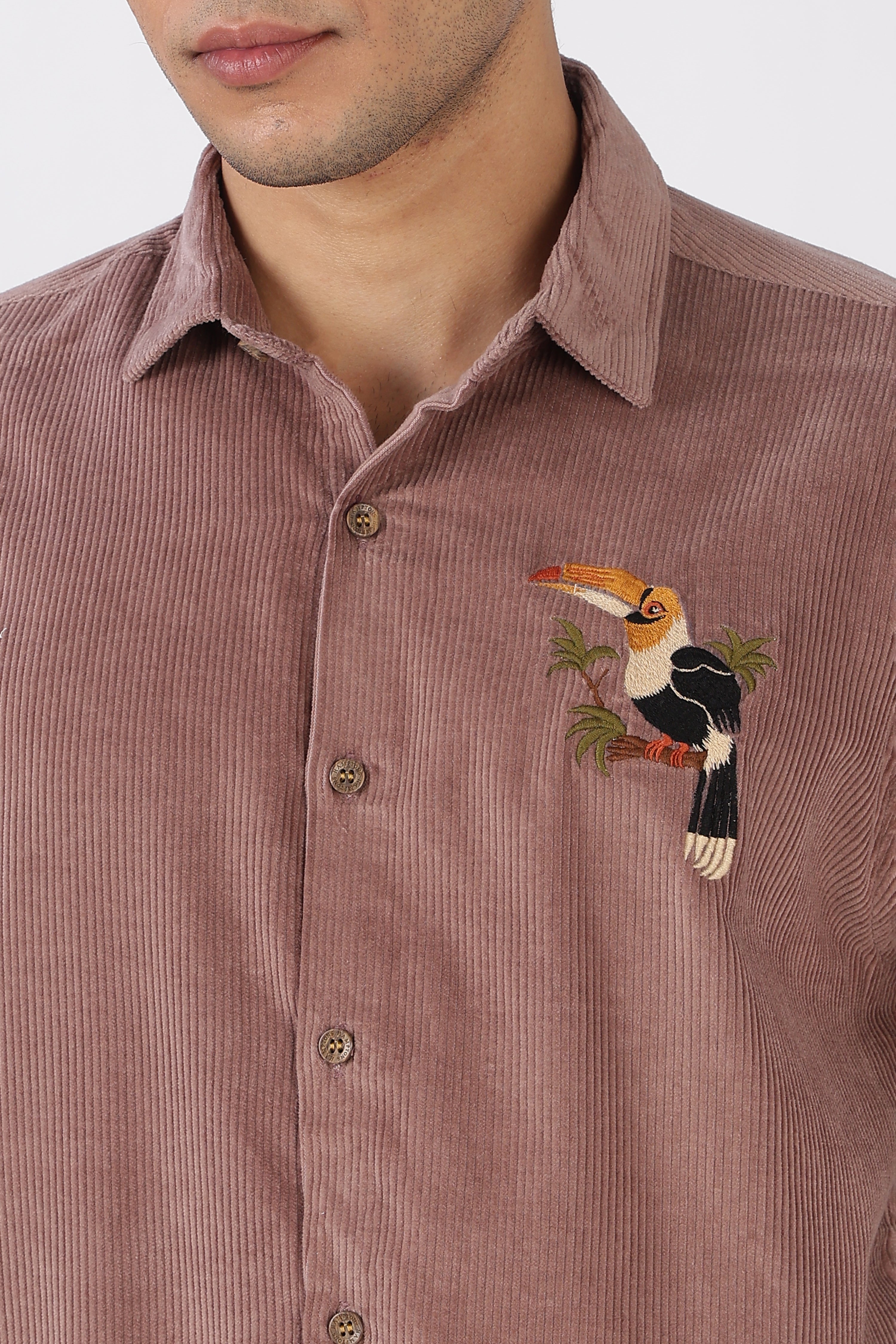 Tropical Toucan Corduroy Cotton Regular Fit Pink Embroidered Shirt