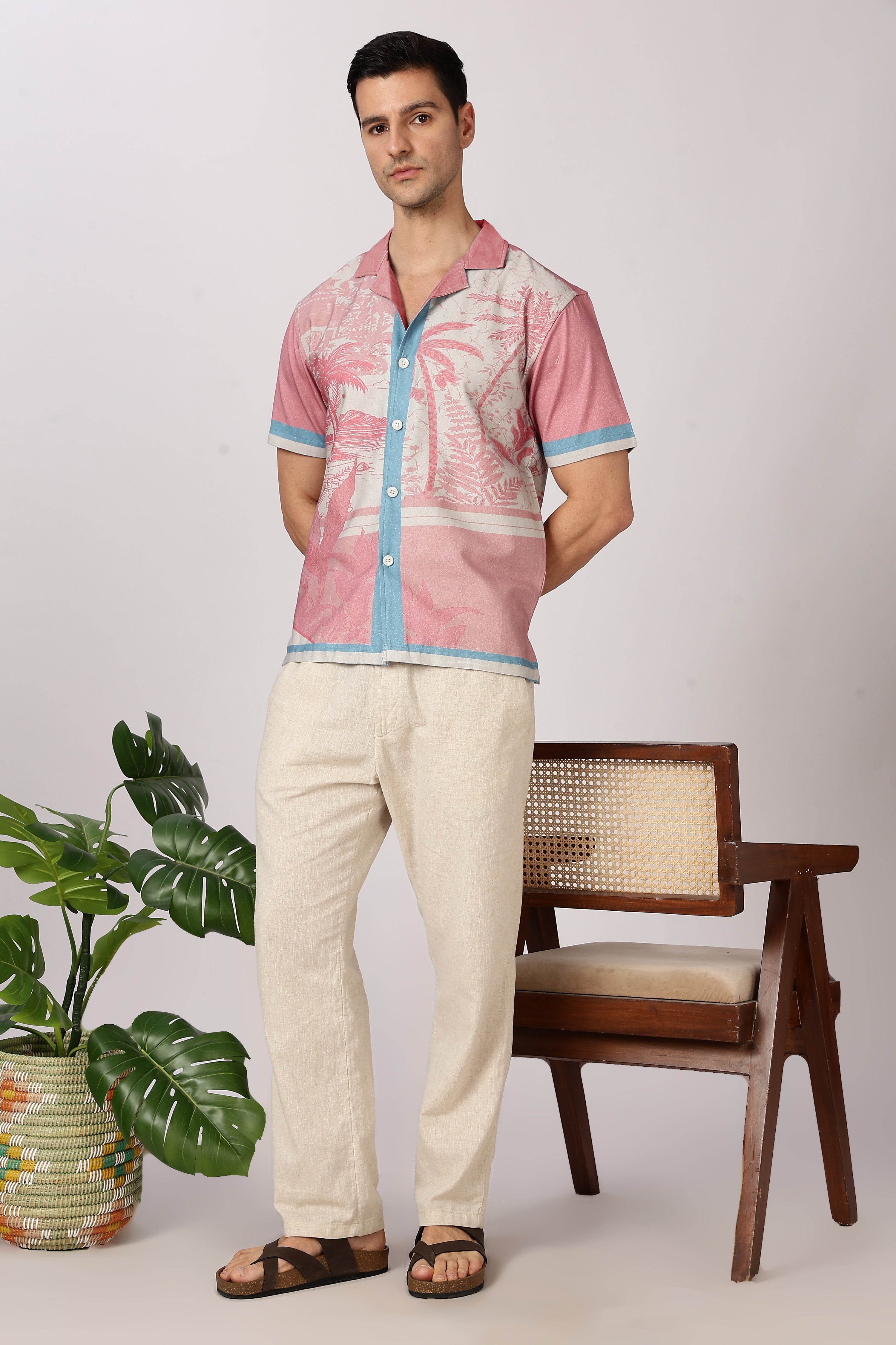 Sunset Tropics Cotton Box Fit Pink Printed Shirt